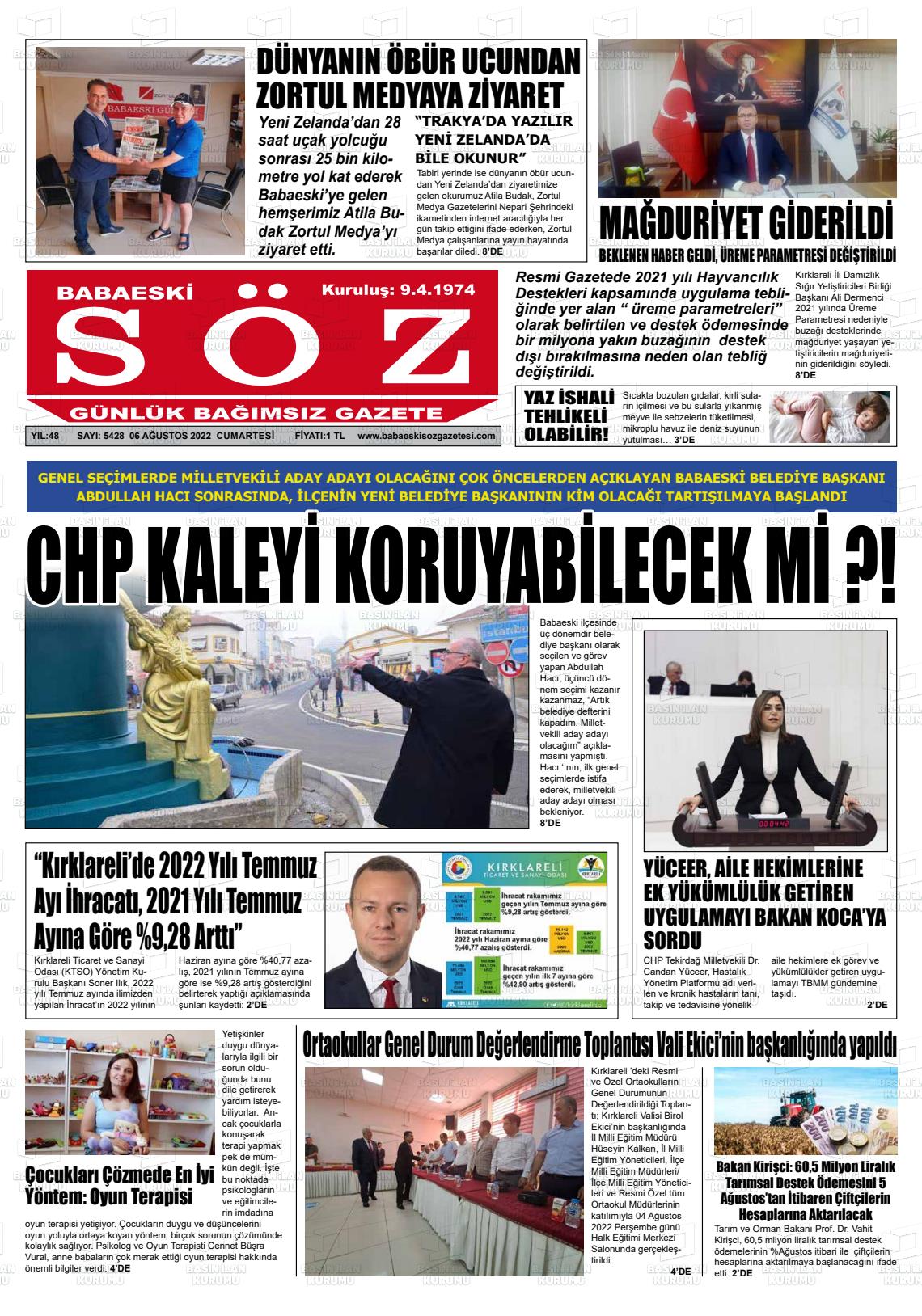 08 Ağustos 2022 Babaeski Söz Gazete Manşeti