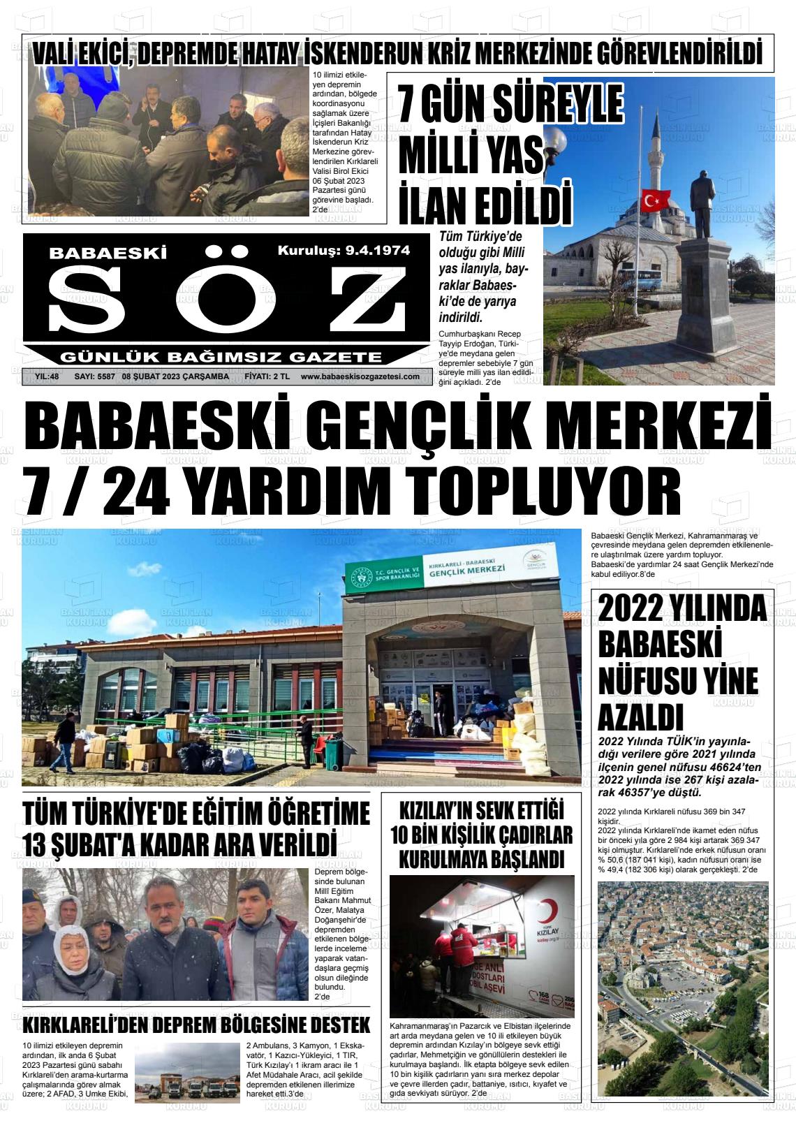 08 Şubat 2023 Babaeski Söz Gazete Manşeti