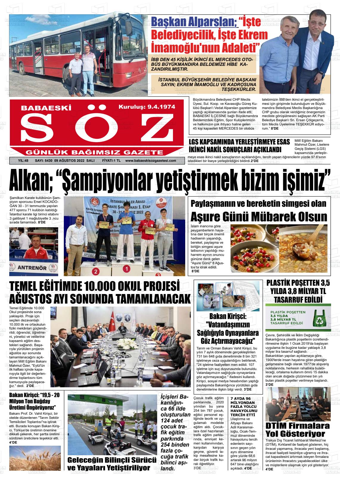 Babaeski Söz Gazete Manşeti