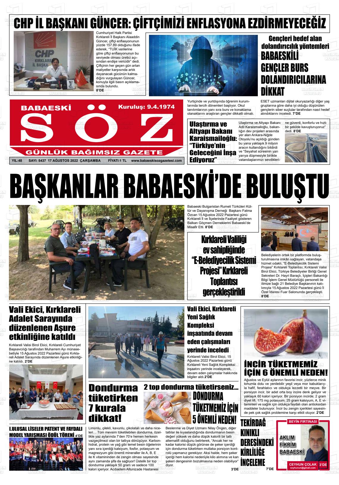 17 Ağustos 2022 Babaeski Söz Gazete Manşeti