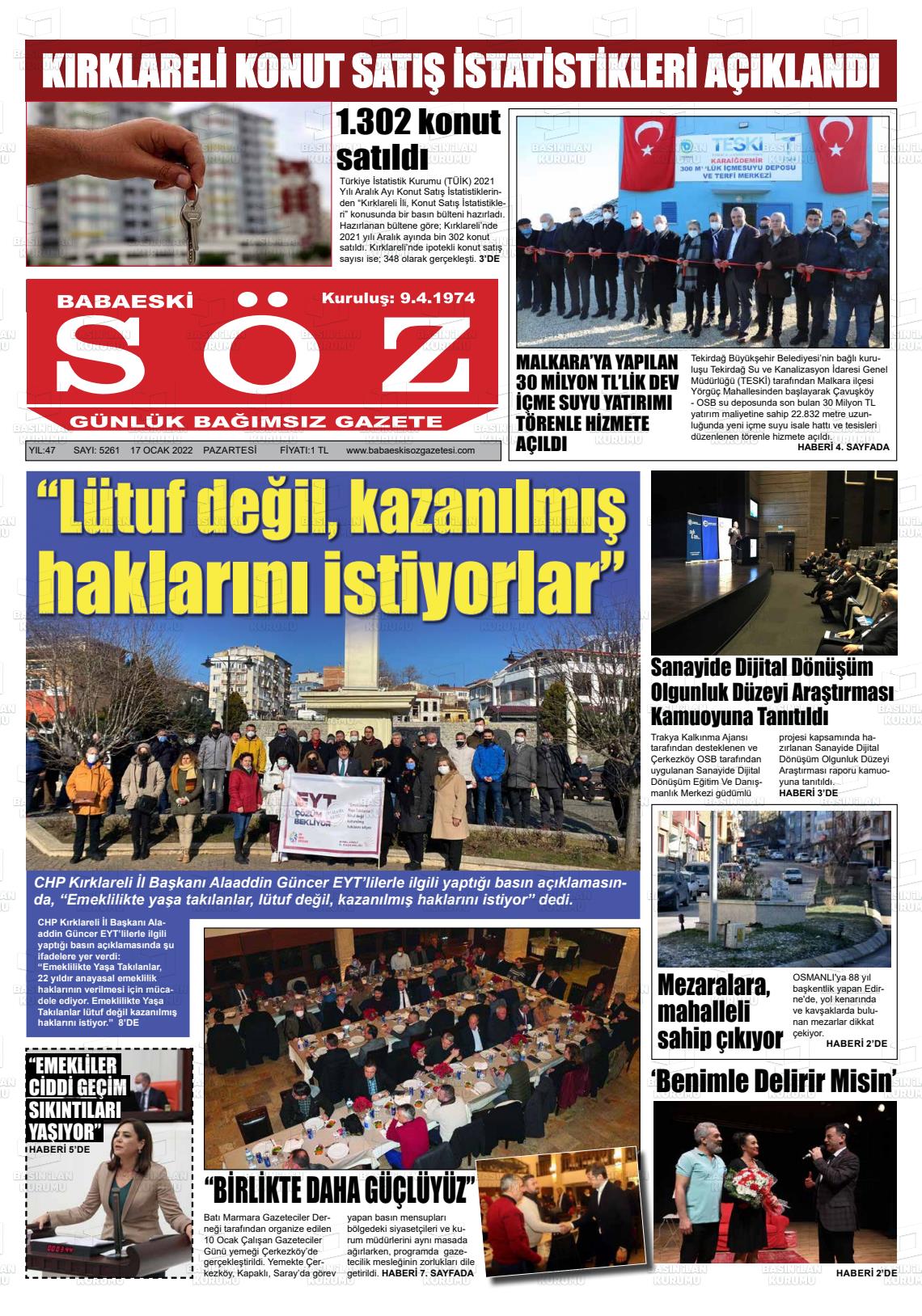 17 Ocak 2022 Babaeski Söz Gazete Manşeti