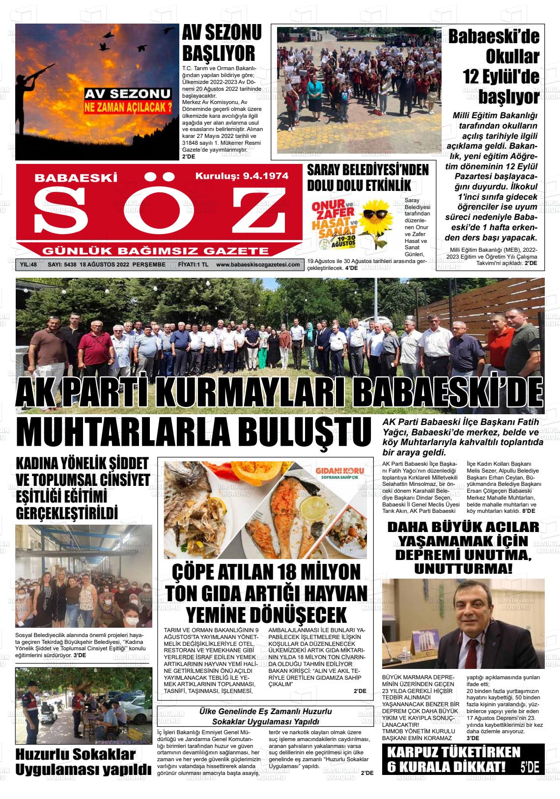 18 Ağustos 2022 Babaeski Söz Gazete Manşeti