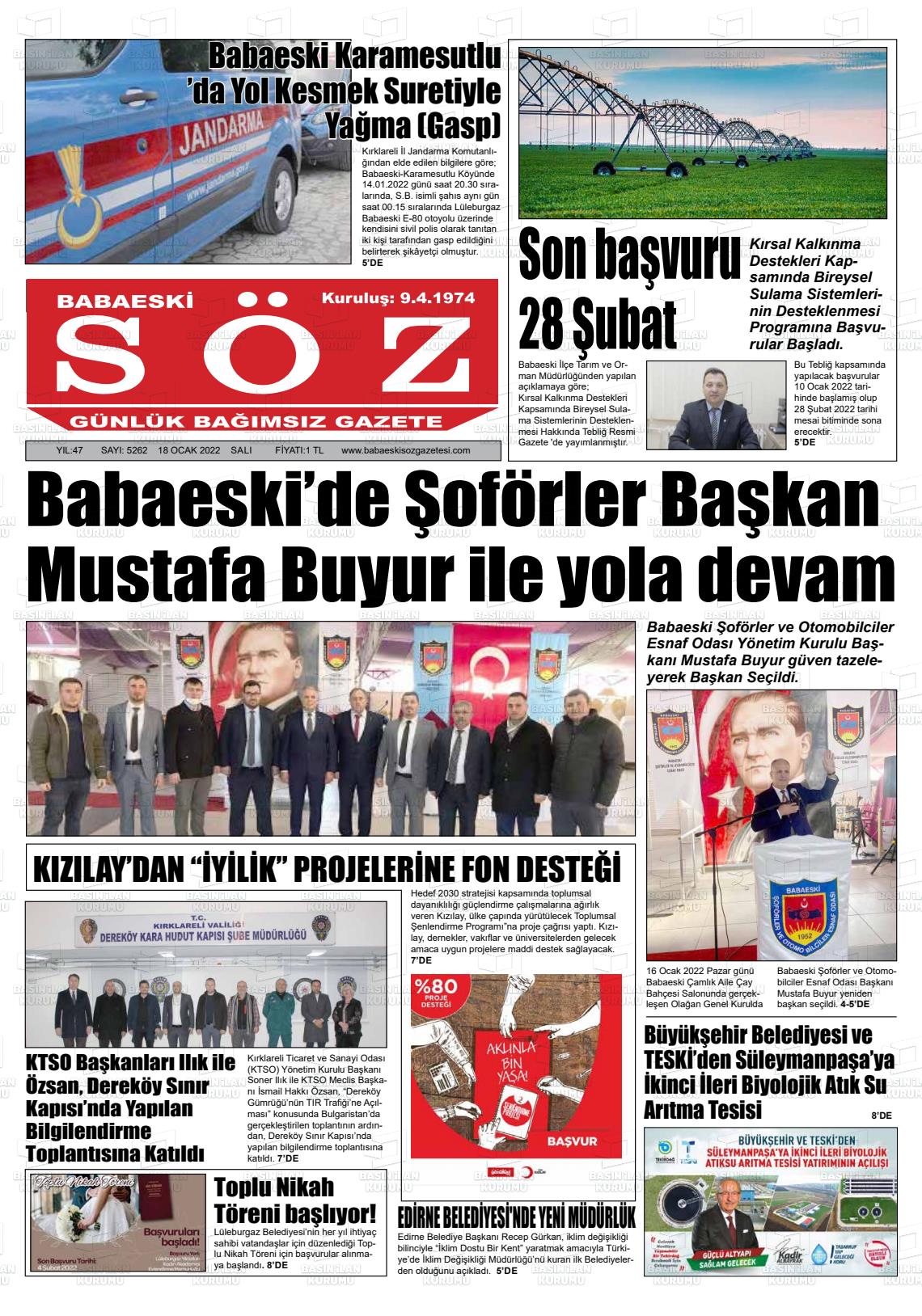 18 Ocak 2022 Babaeski Söz Gazete Manşeti