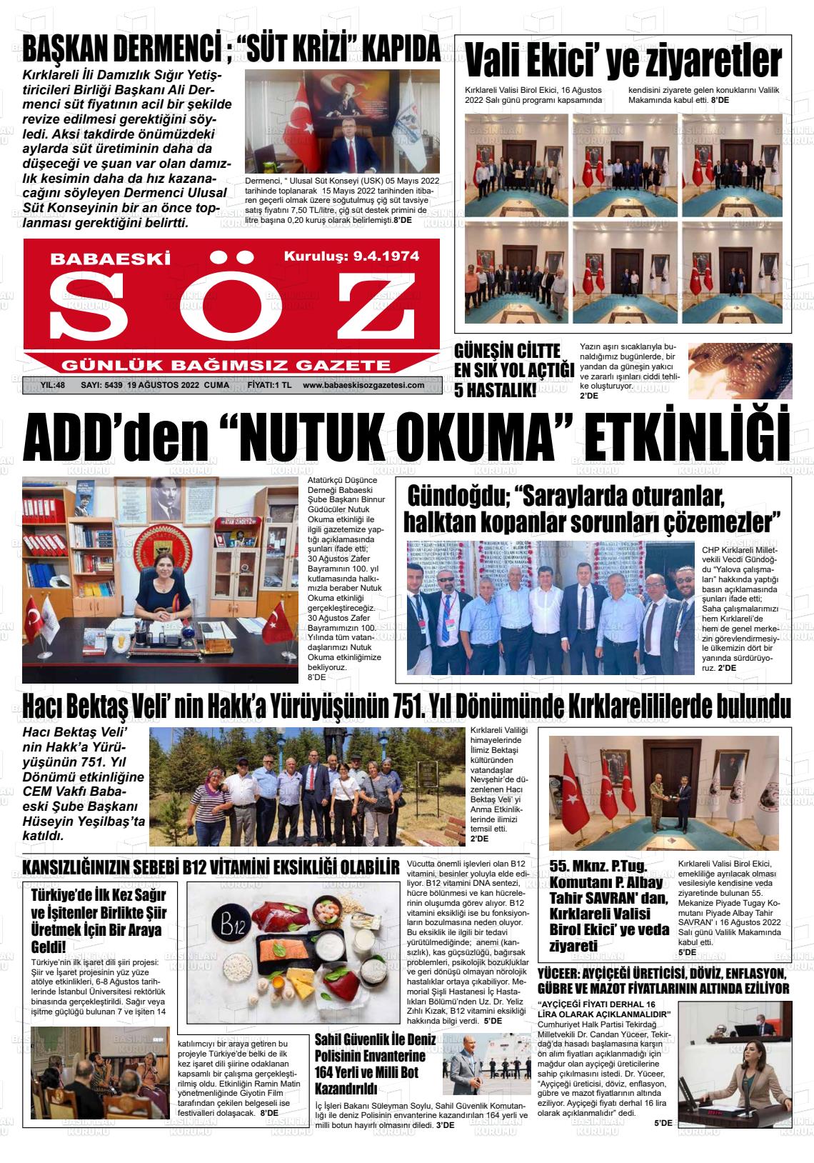19 Ağustos 2022 Babaeski Söz Gazete Manşeti