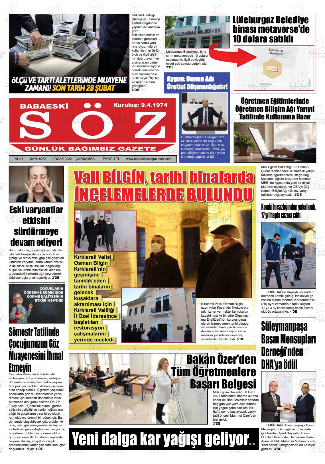 19 Ocak 2022 Babaeski Söz Gazete Manşeti
