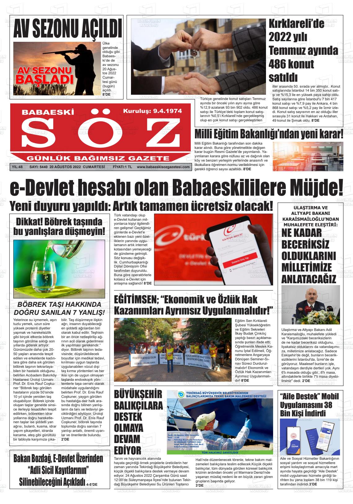 20 Ağustos 2022 Babaeski Söz Gazete Manşeti