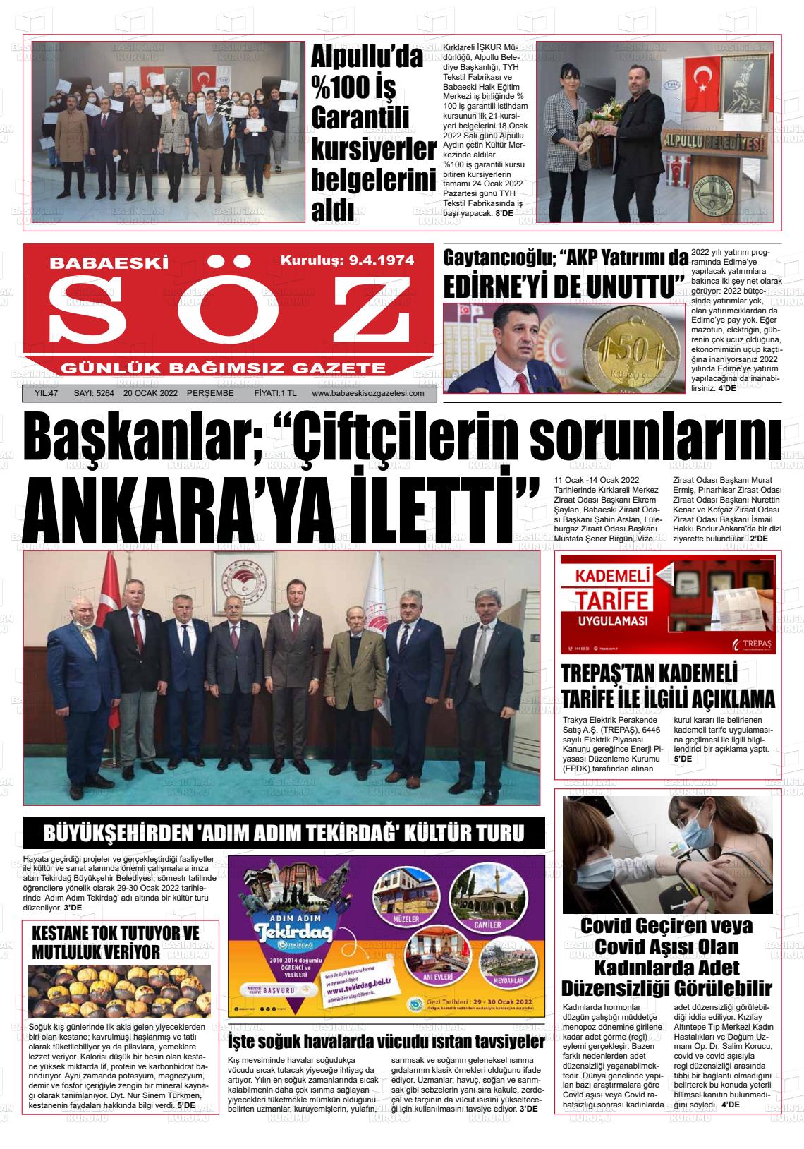 20 Ocak 2022 Babaeski Söz Gazete Manşeti