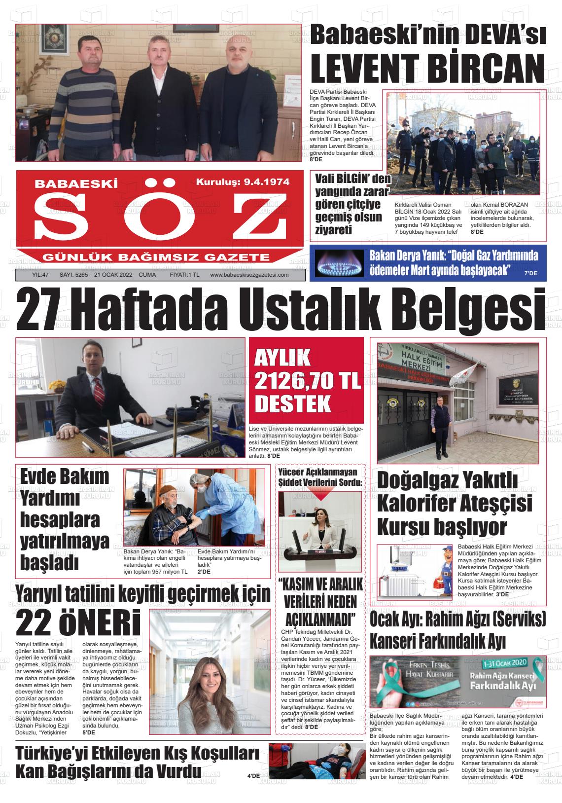 21 Ocak 2022 Babaeski Söz Gazete Manşeti