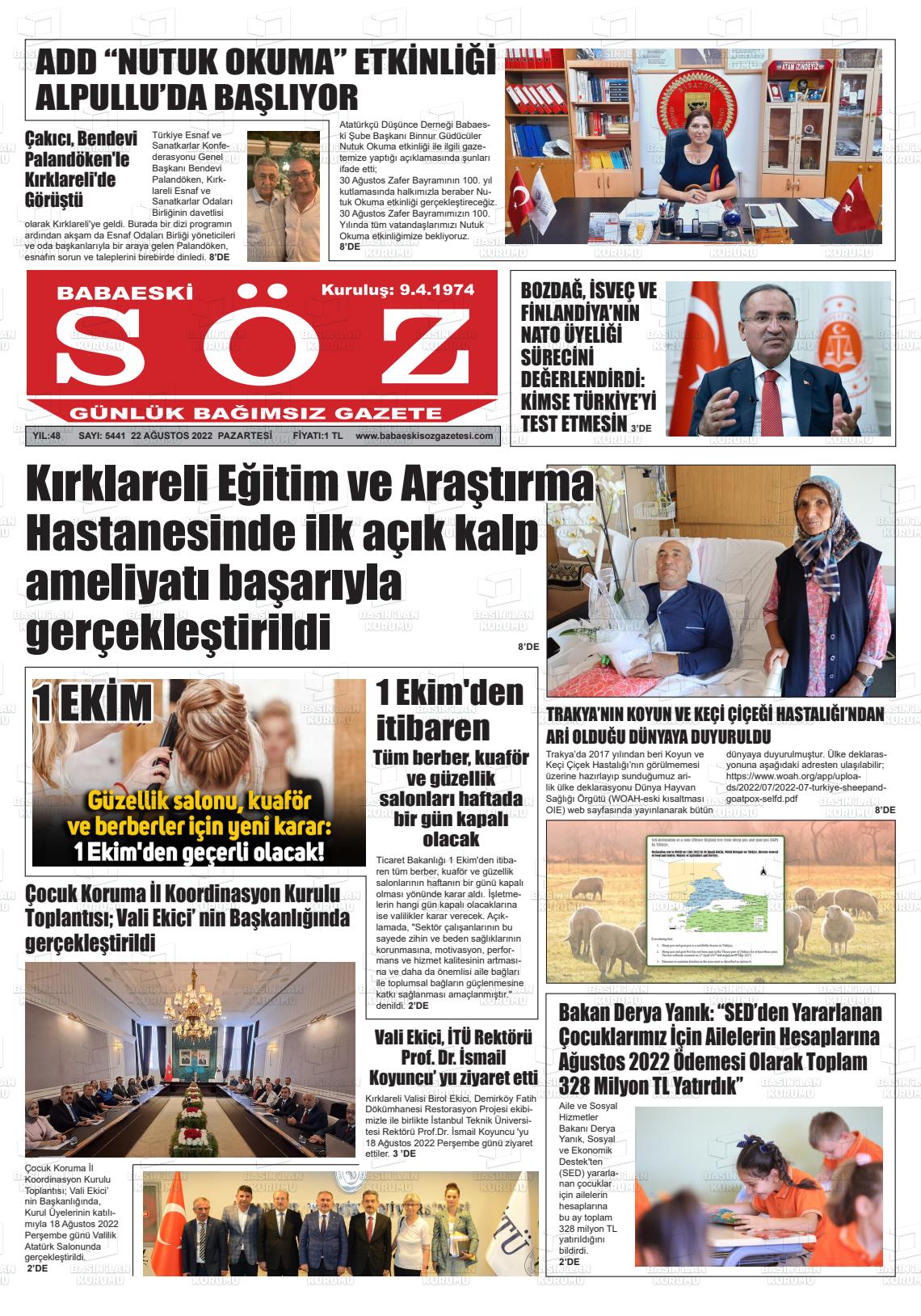 22 Ağustos 2022 Babaeski Söz Gazete Manşeti