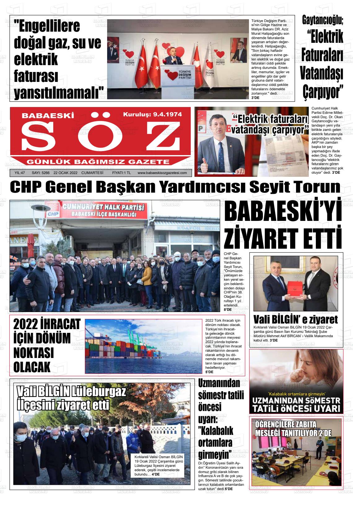 22 Ocak 2022 Babaeski Söz Gazete Manşeti