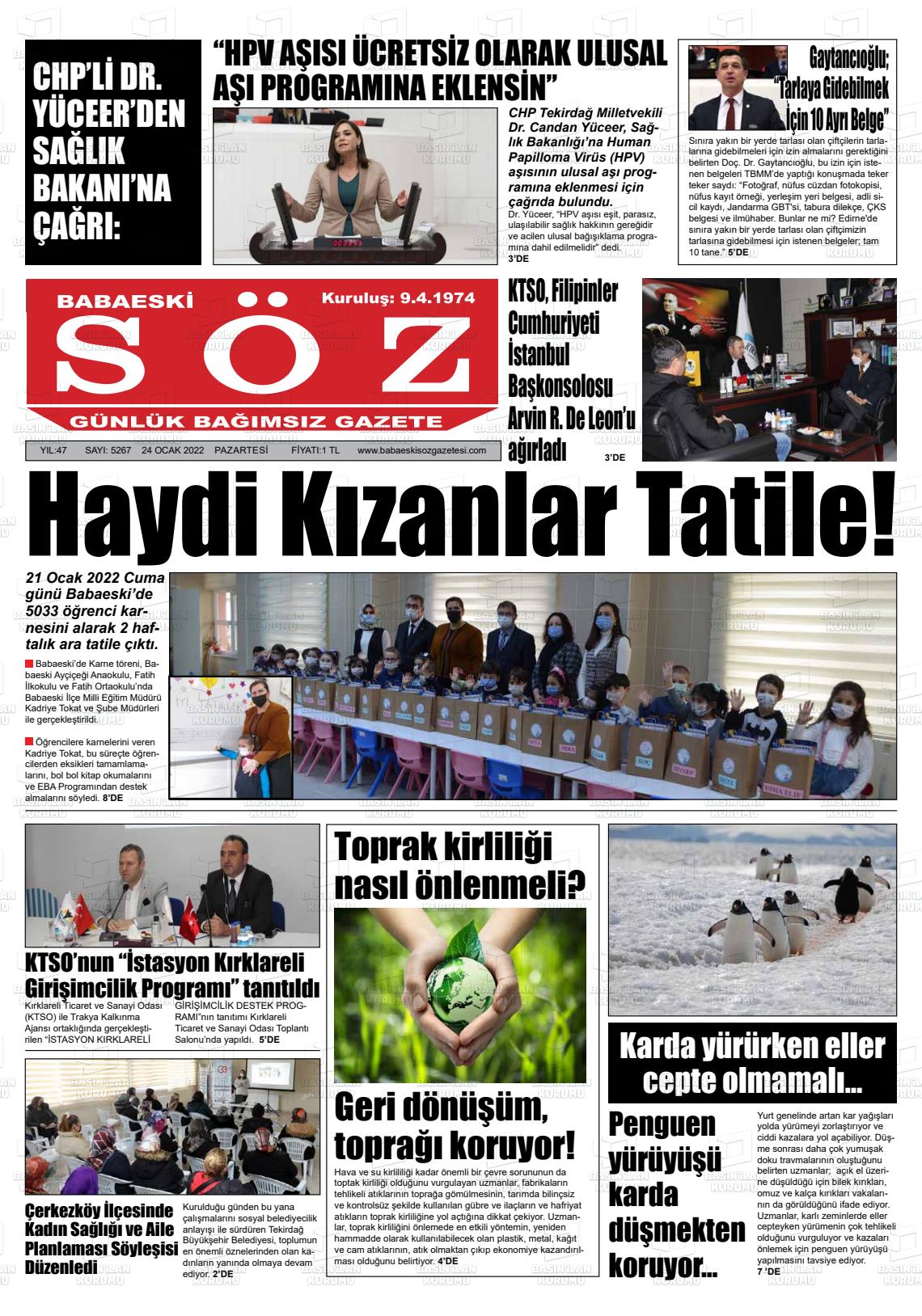 24 Ocak 2022 Babaeski Söz Gazete Manşeti