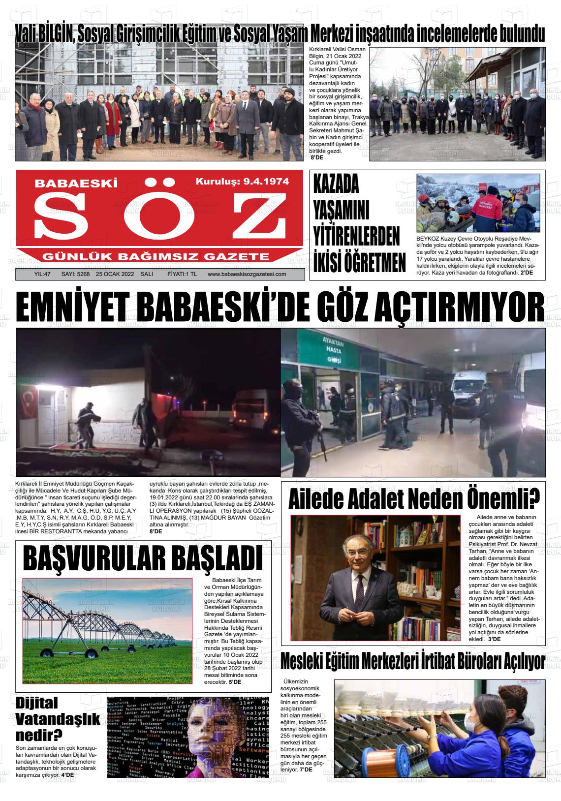 25 Ocak 2022 Babaeski Söz Gazete Manşeti