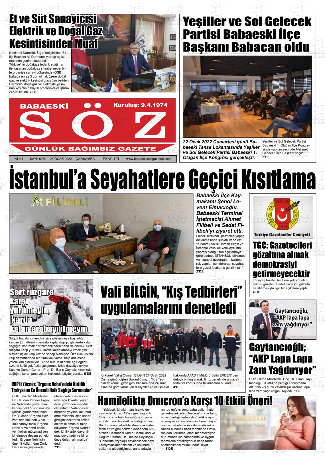 26 Ocak 2022 Babaeski Söz Gazete Manşeti