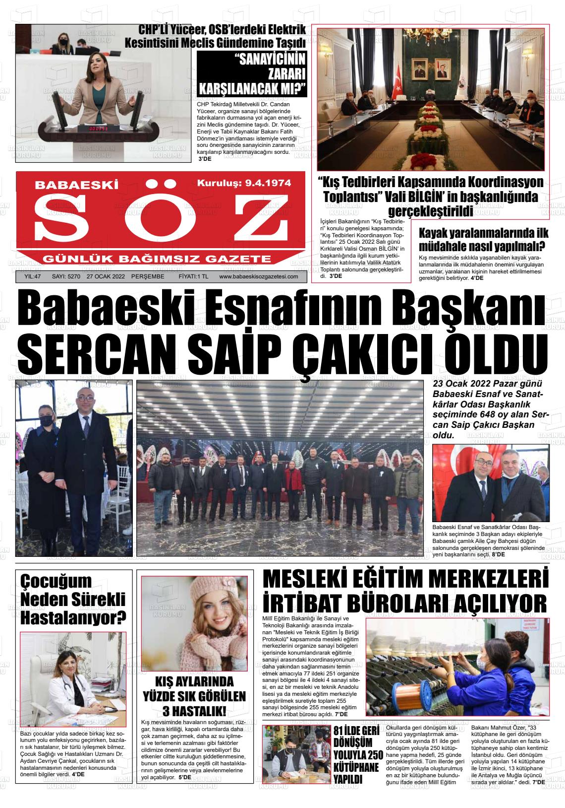 27 Ocak 2022 Babaeski Söz Gazete Manşeti