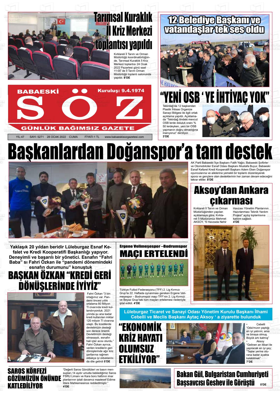 28 Ocak 2022 Babaeski Söz Gazete Manşeti