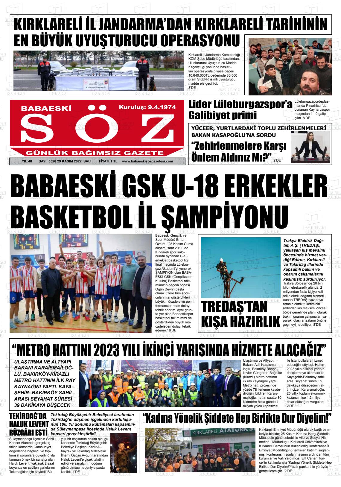 29 Kasım 2022 Babaeski Söz Gazete Manşeti