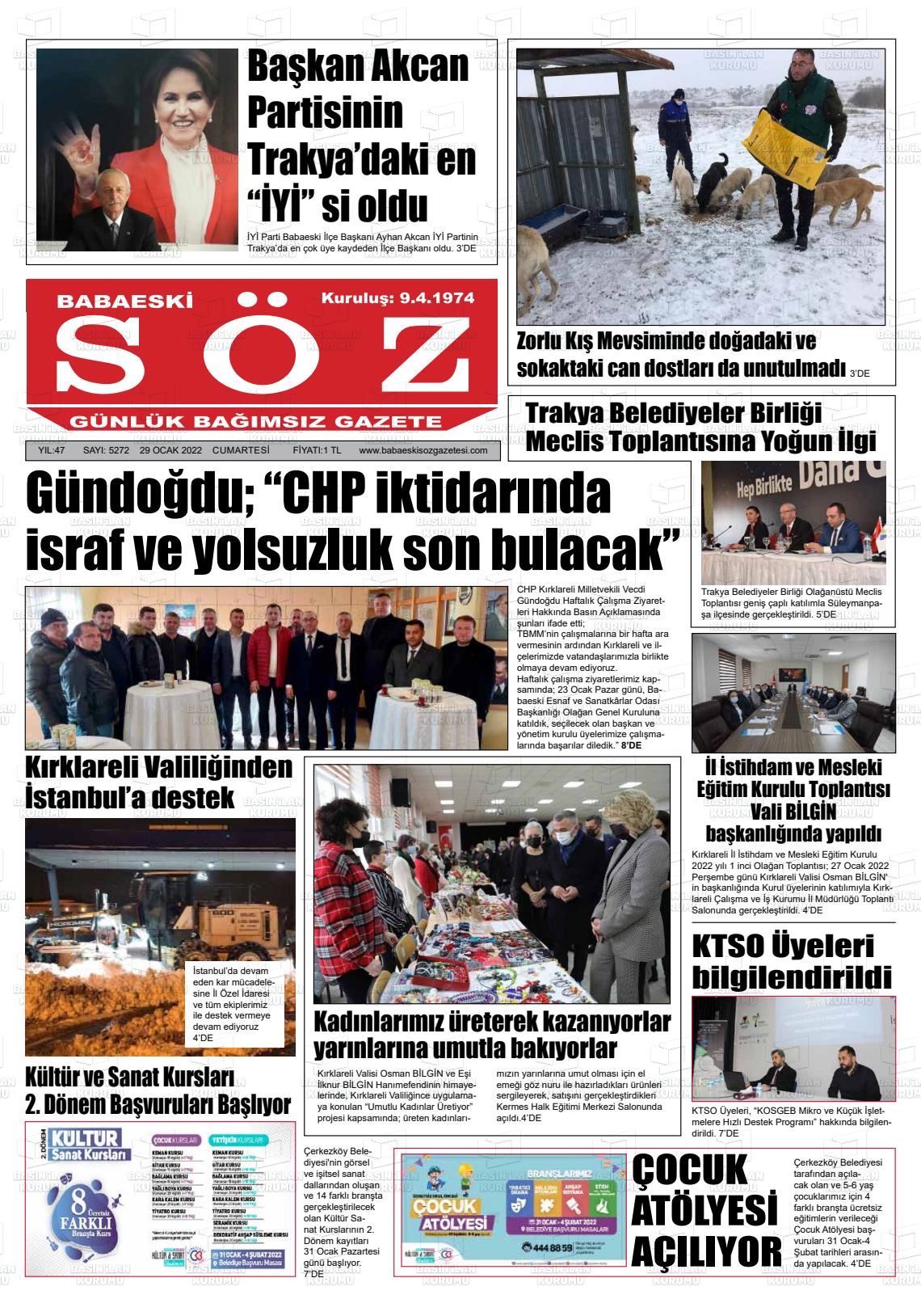 29 Ocak 2022 Babaeski Söz Gazete Manşeti