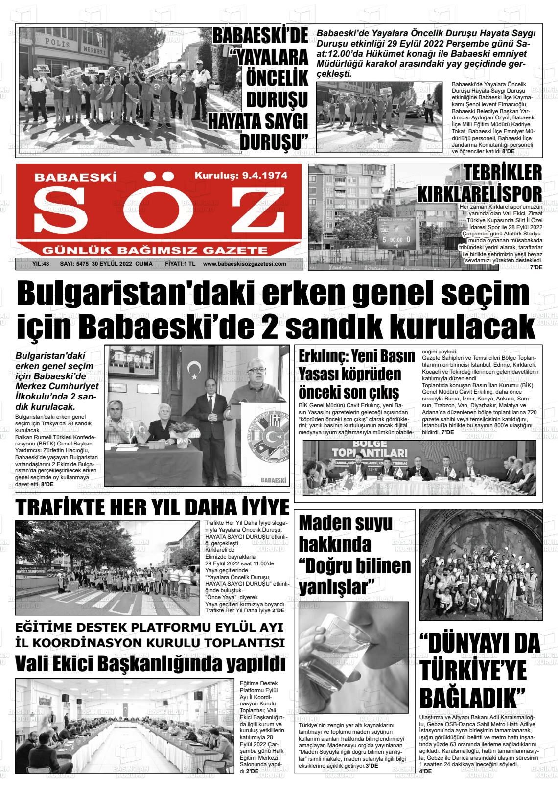 30 Eylül 2022 Babaeski Söz Gazete Manşeti