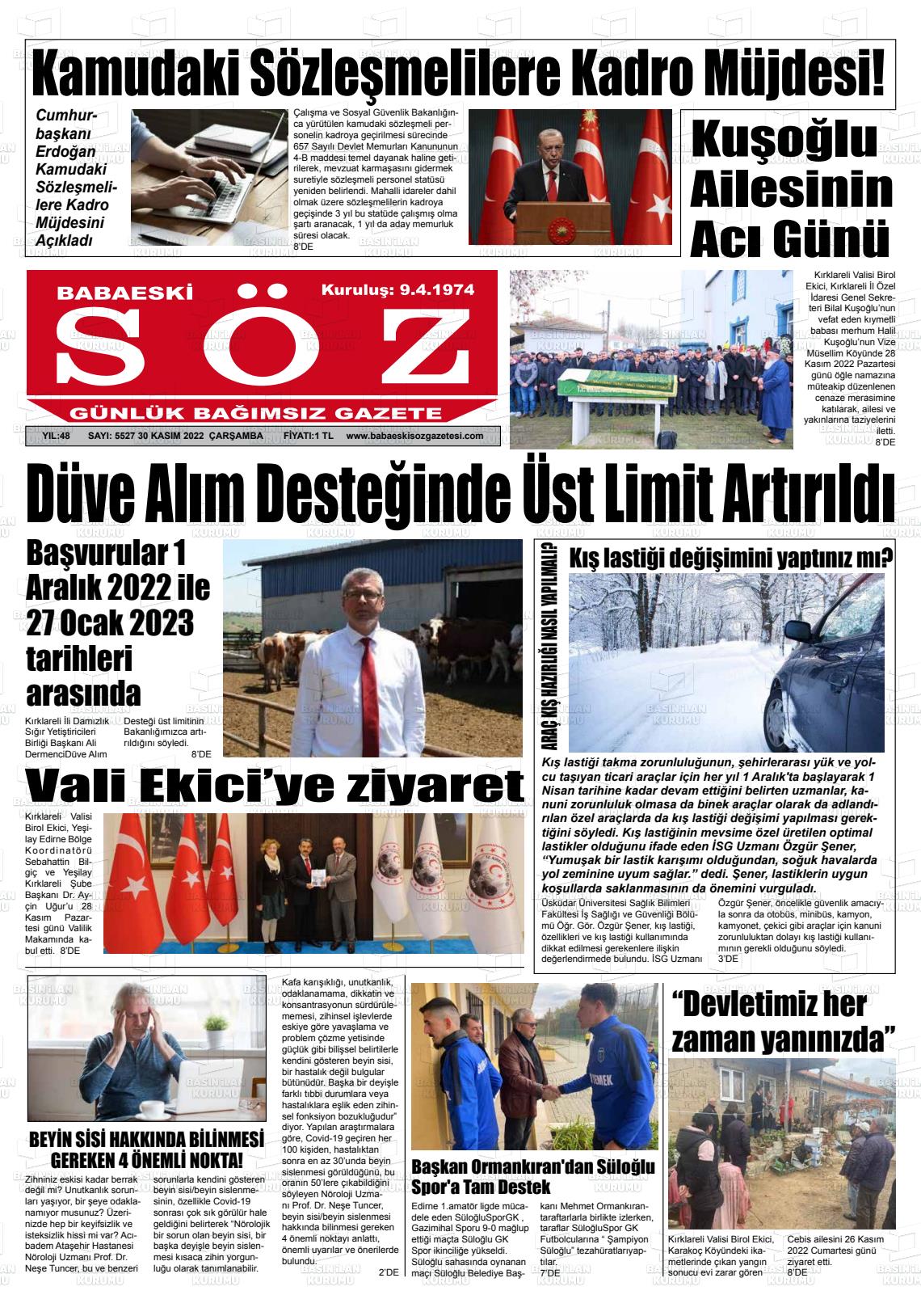 30 Kasım 2022 Babaeski Söz Gazete Manşeti