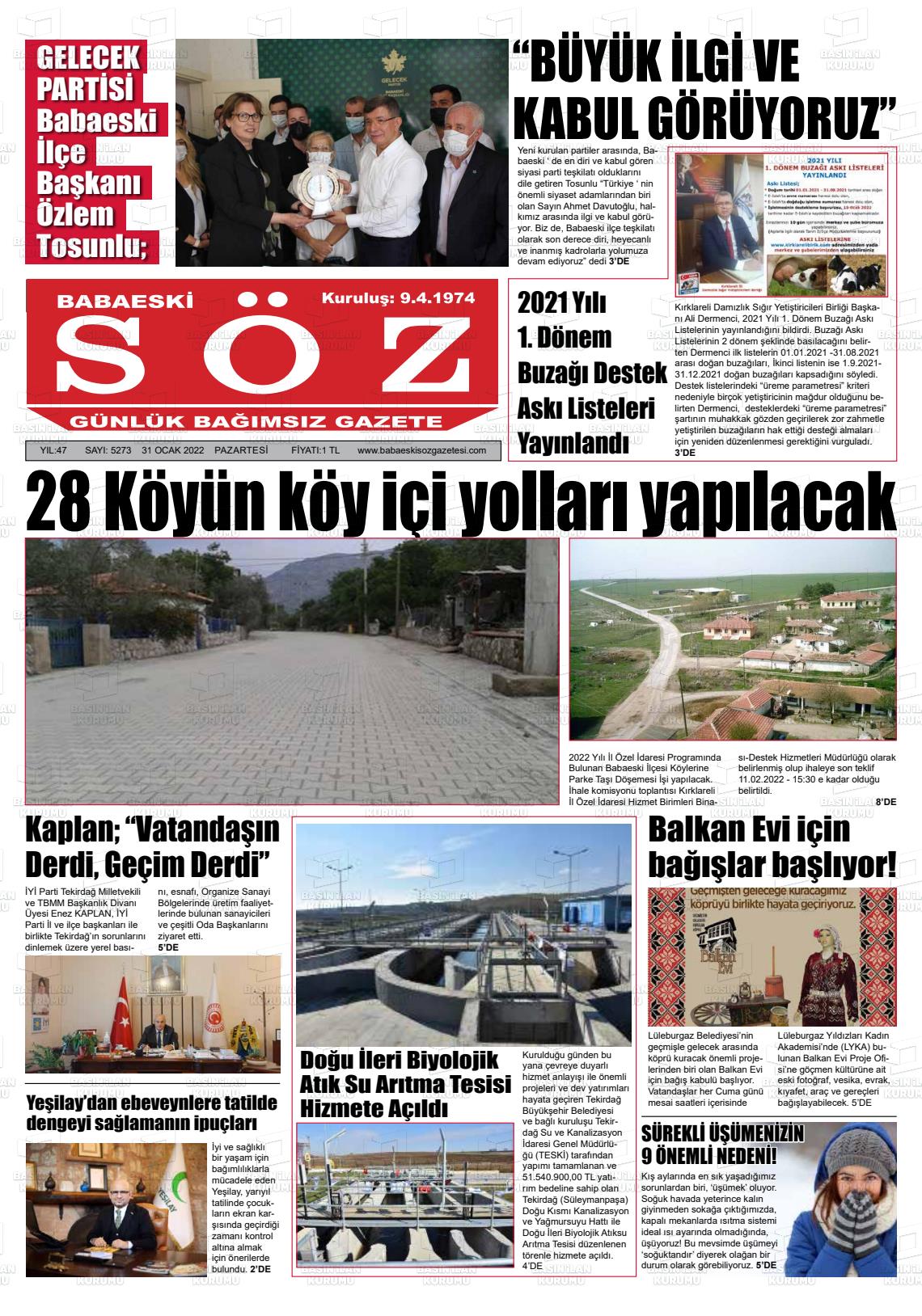 31 Ocak 2022 Babaeski Söz Gazete Manşeti