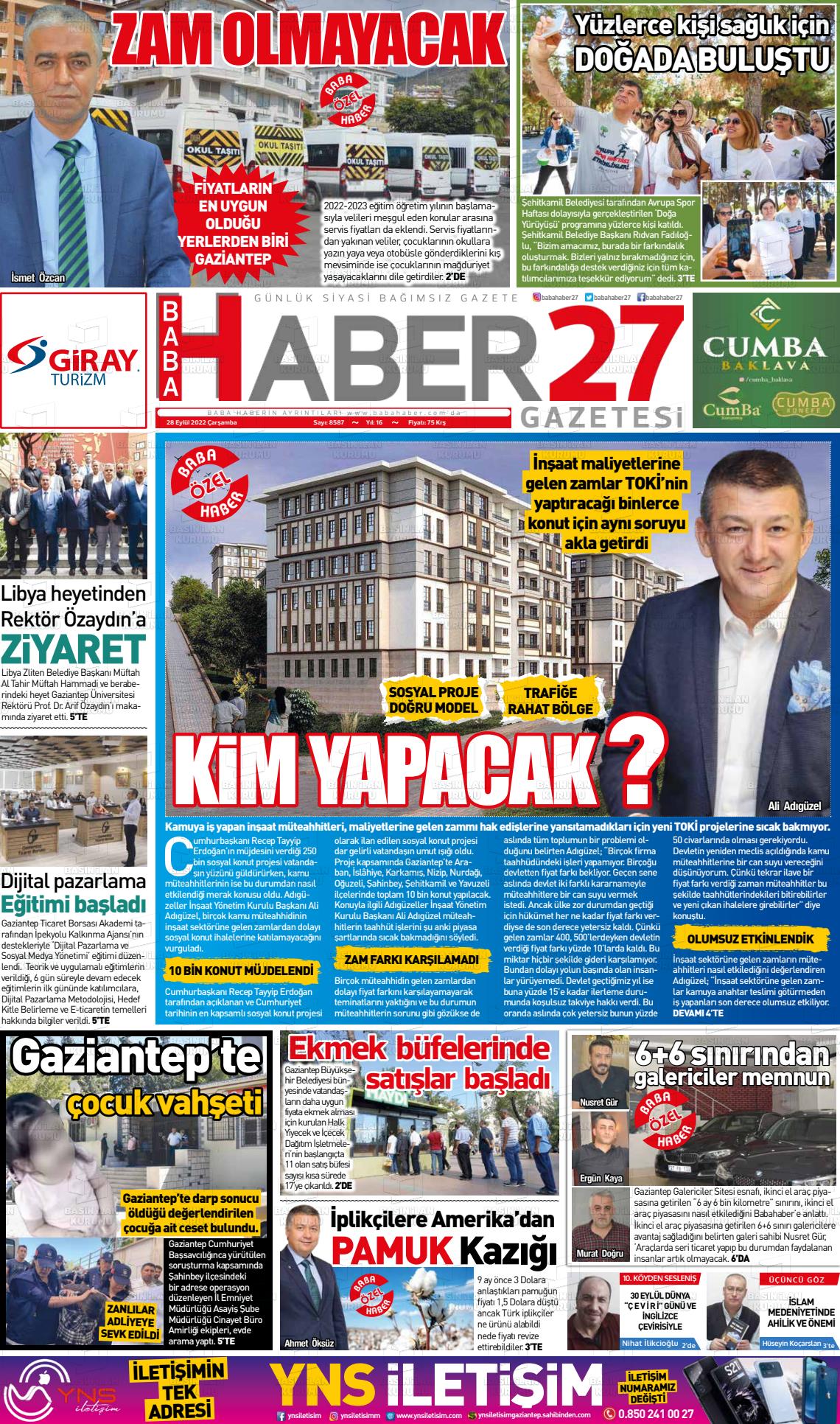 28 Eylül 2022 Baba Haber Gazete Manşeti