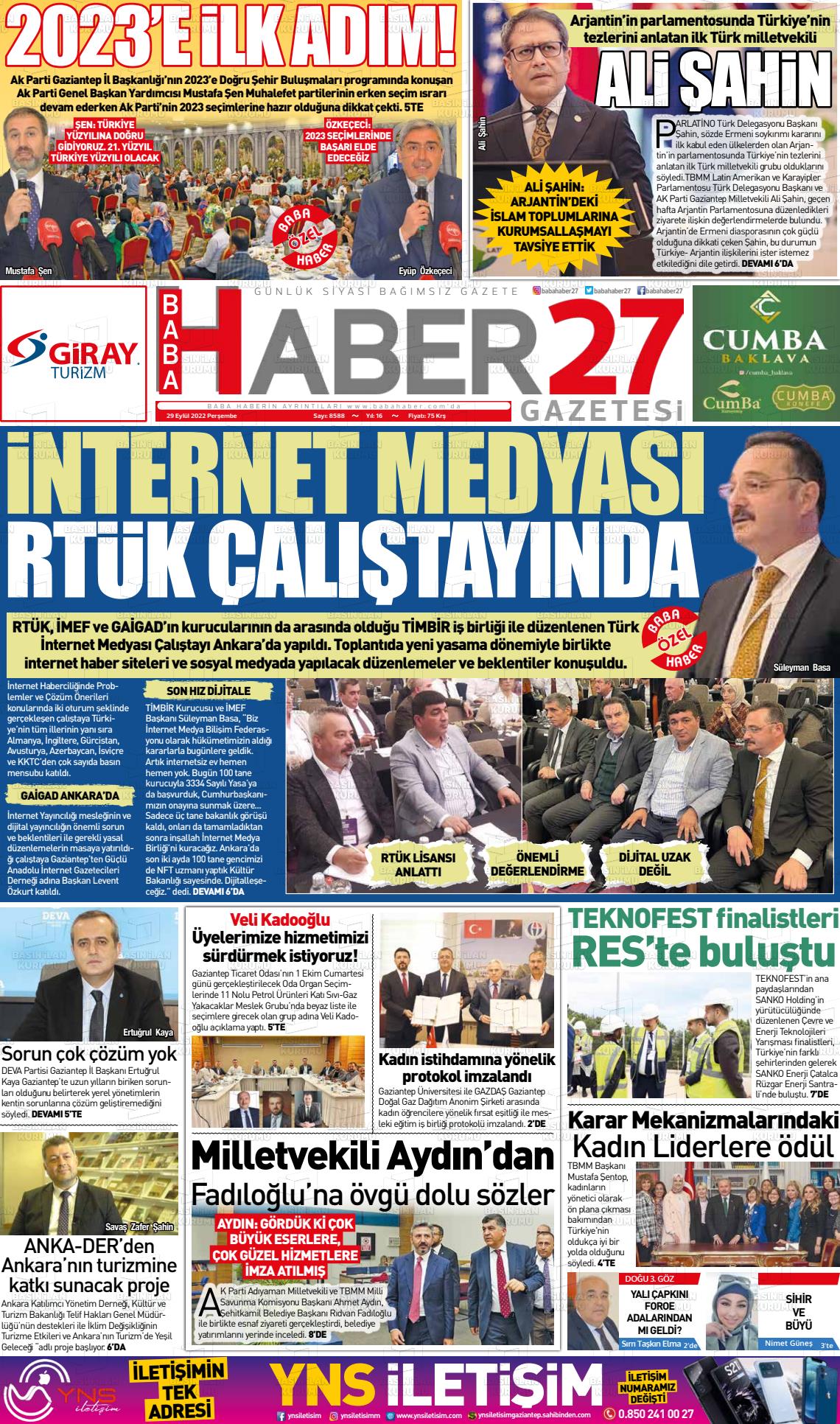 29 Eylül 2022 Baba Haber Gazete Manşeti