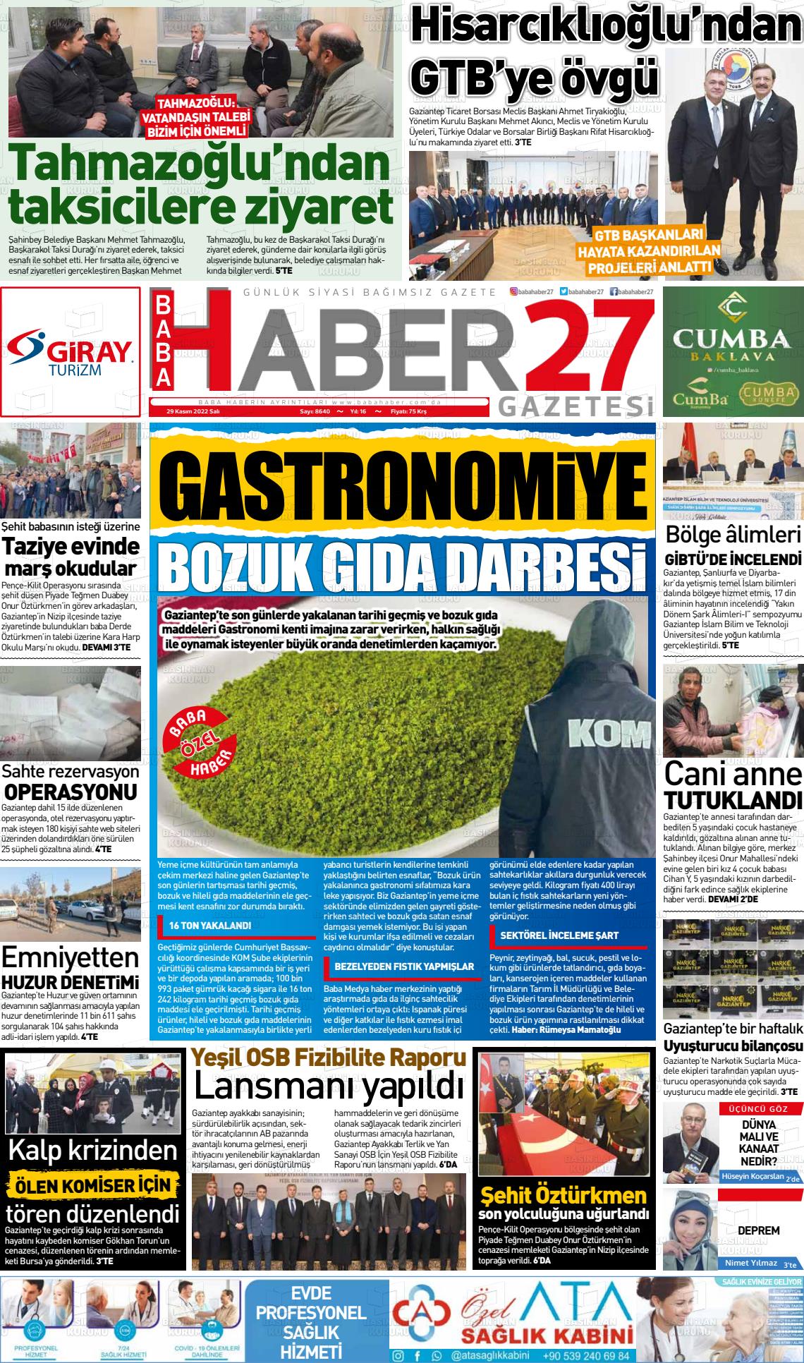 30 Kasım 2022 Baba Haber Gazete Manşeti