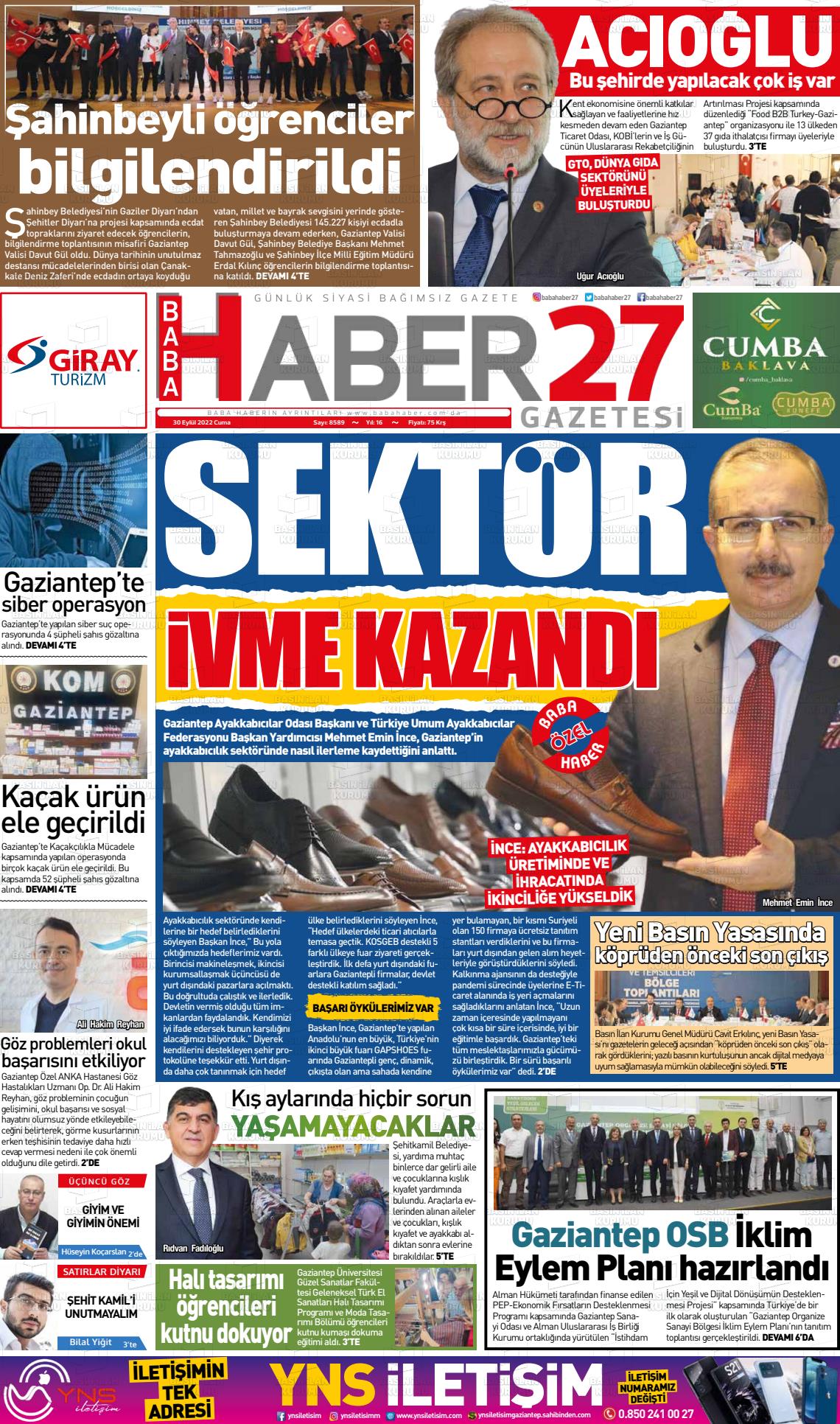 30 Eylül 2022 Baba Haber Gazete Manşeti