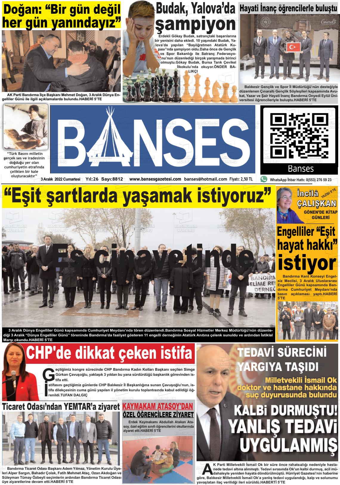03 Aralık 2022 Banses Gazete Manşeti
