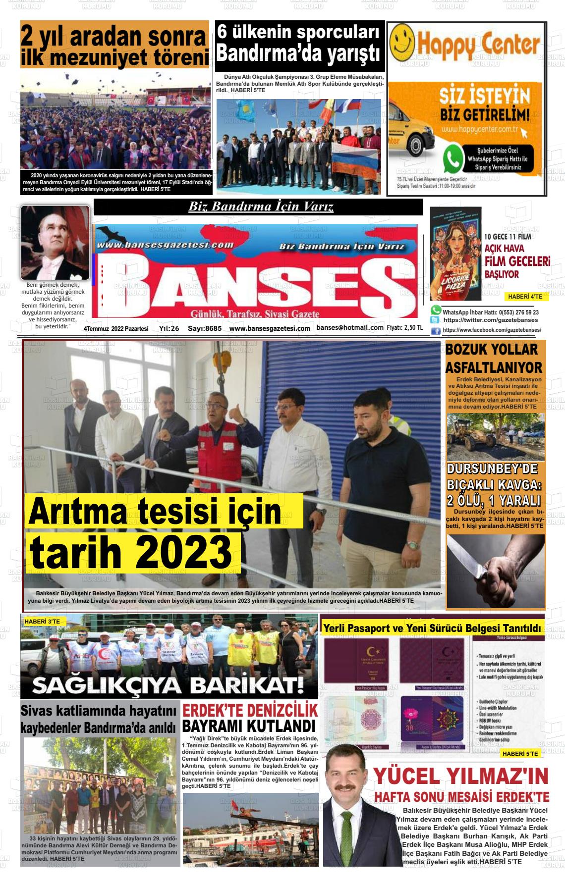 04 Temmuz 2022 Banses Gazete Manşeti