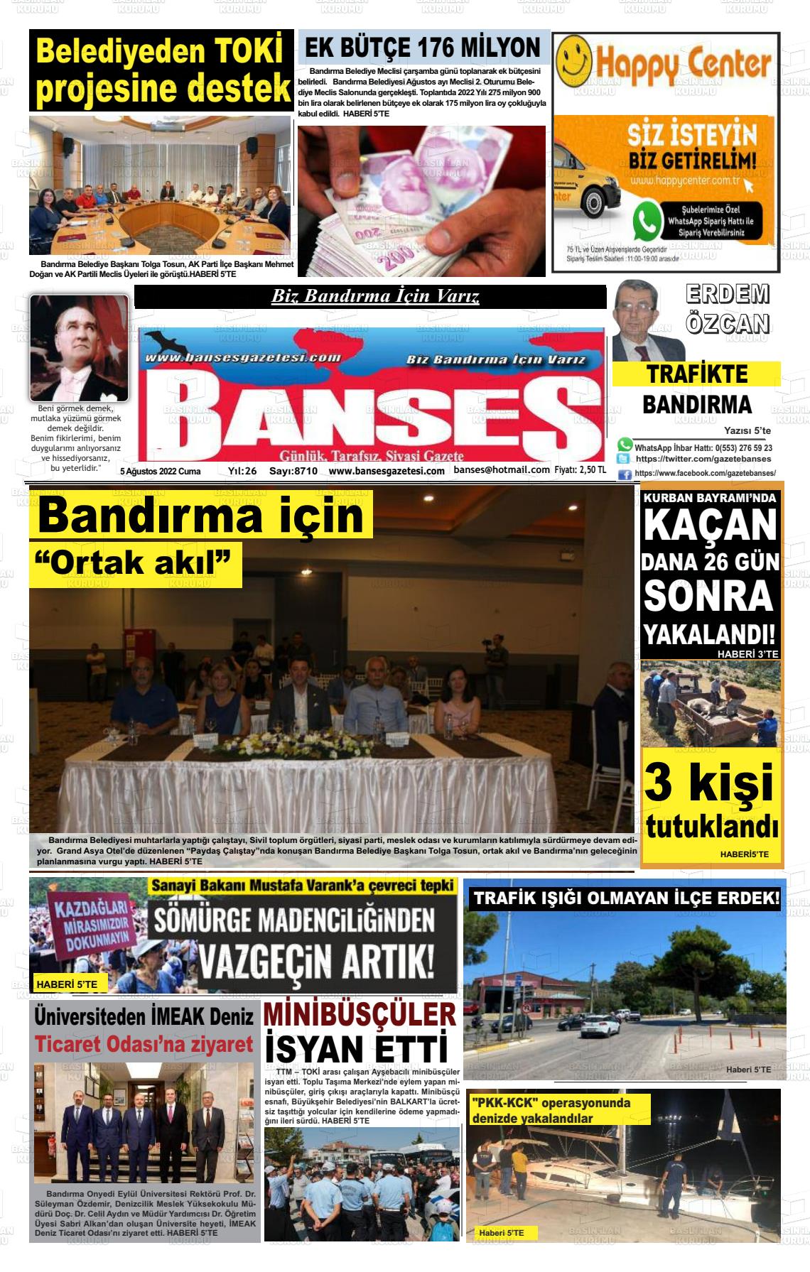 05 Ağustos 2022 Banses Gazete Manşeti