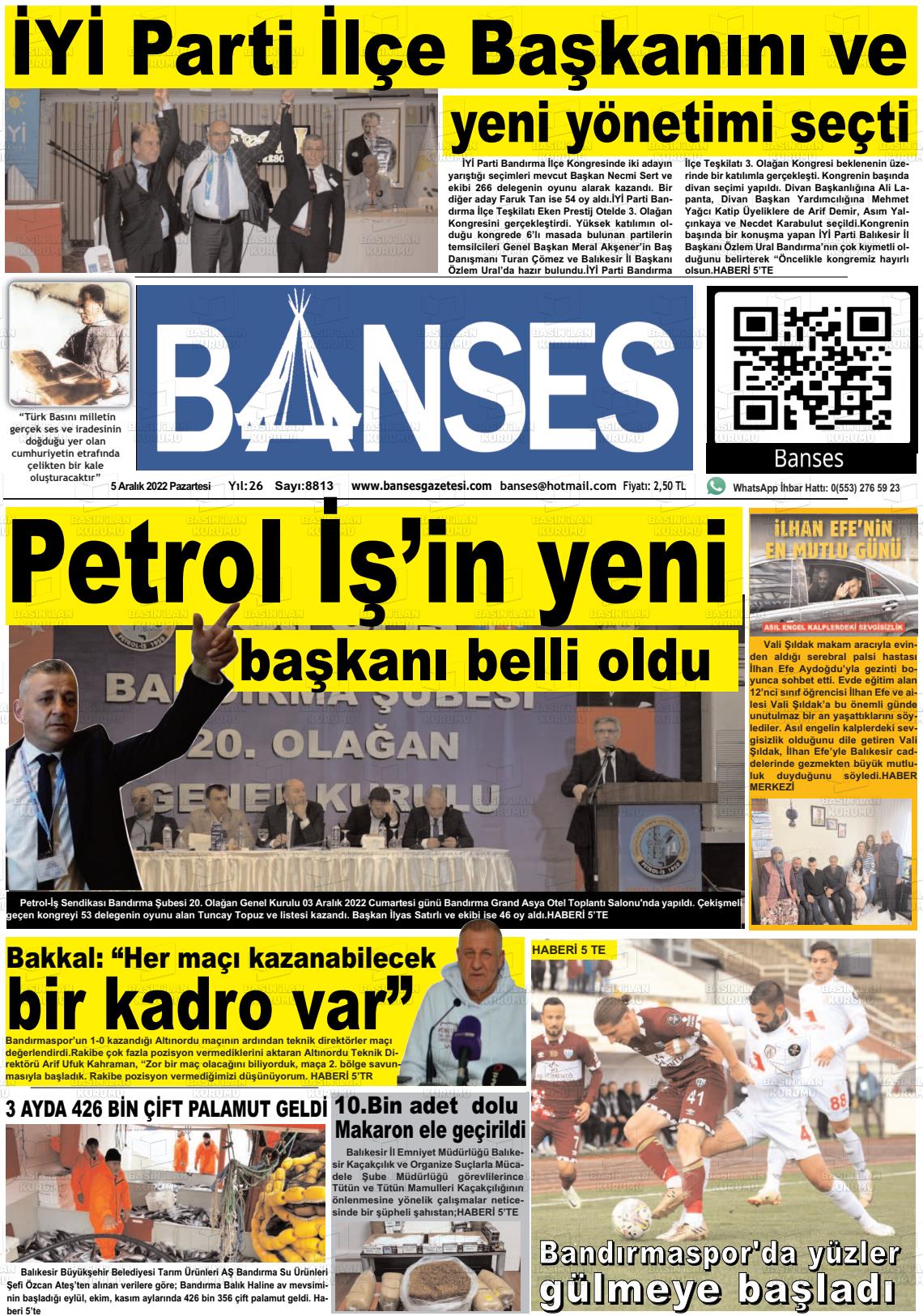 05 Aralık 2022 Banses Gazete Manşeti
