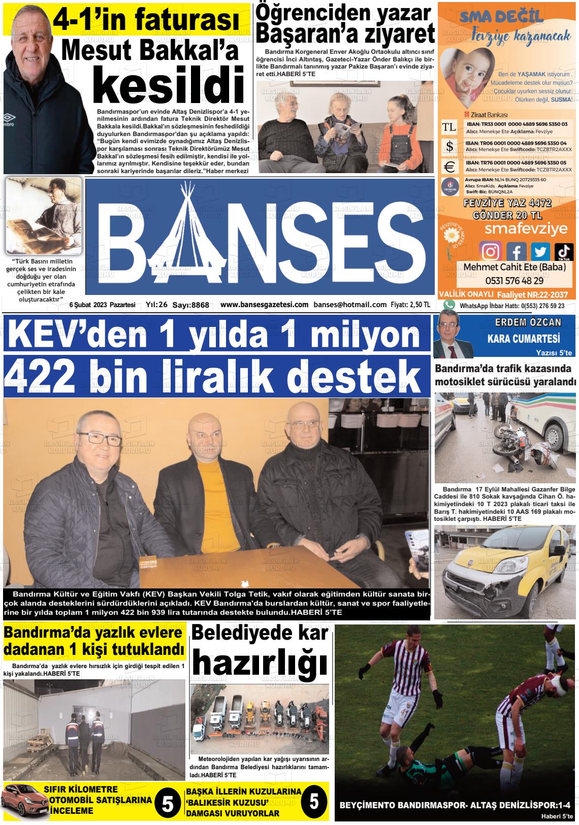 06 Şubat 2023 Banses Gazete Manşeti