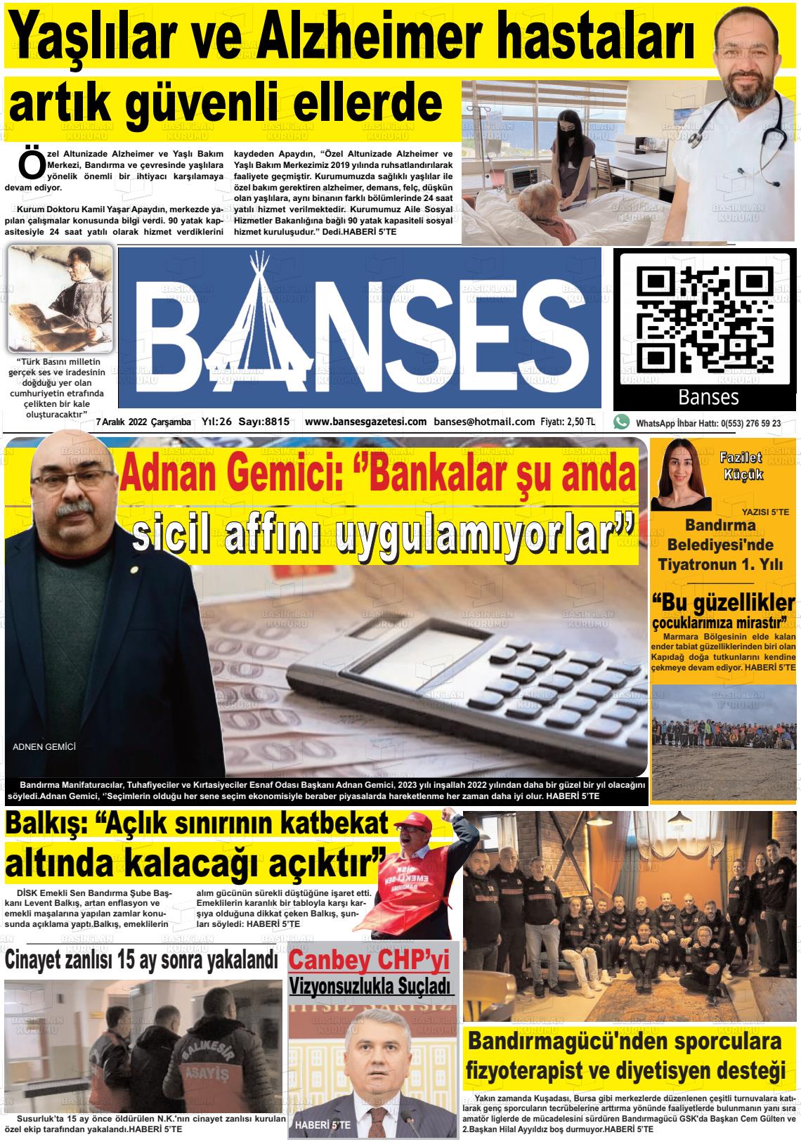 07 Aralık 2022 Banses Gazete Manşeti