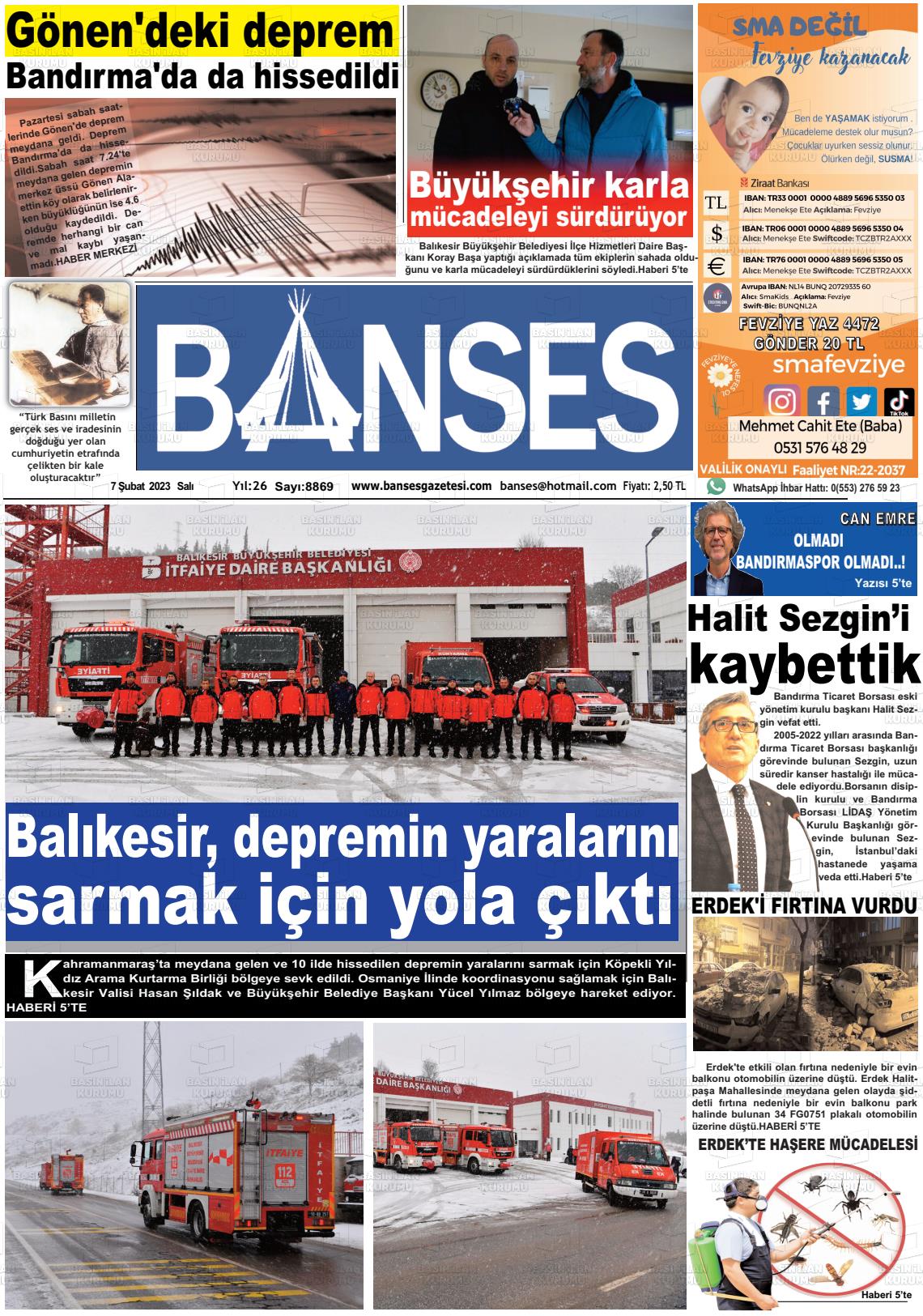 07 Şubat 2023 Banses Gazete Manşeti