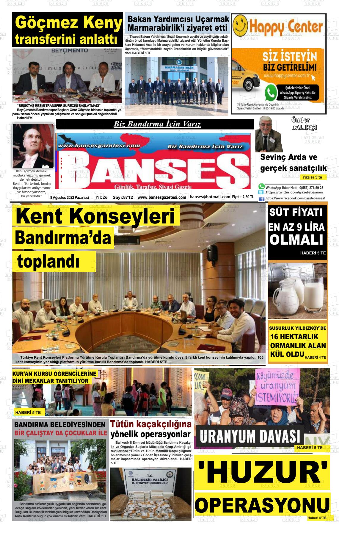 08 Ağustos 2022 Banses Gazete Manşeti