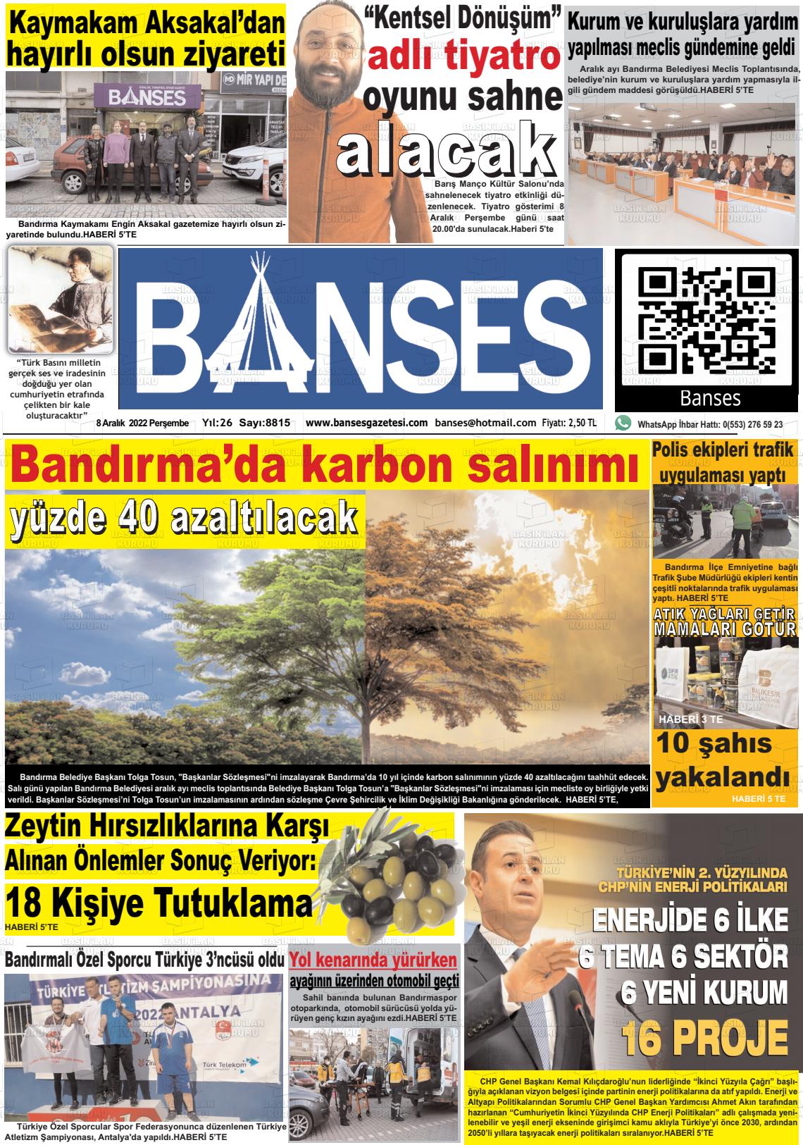 08 Aralık 2022 Banses Gazete Manşeti