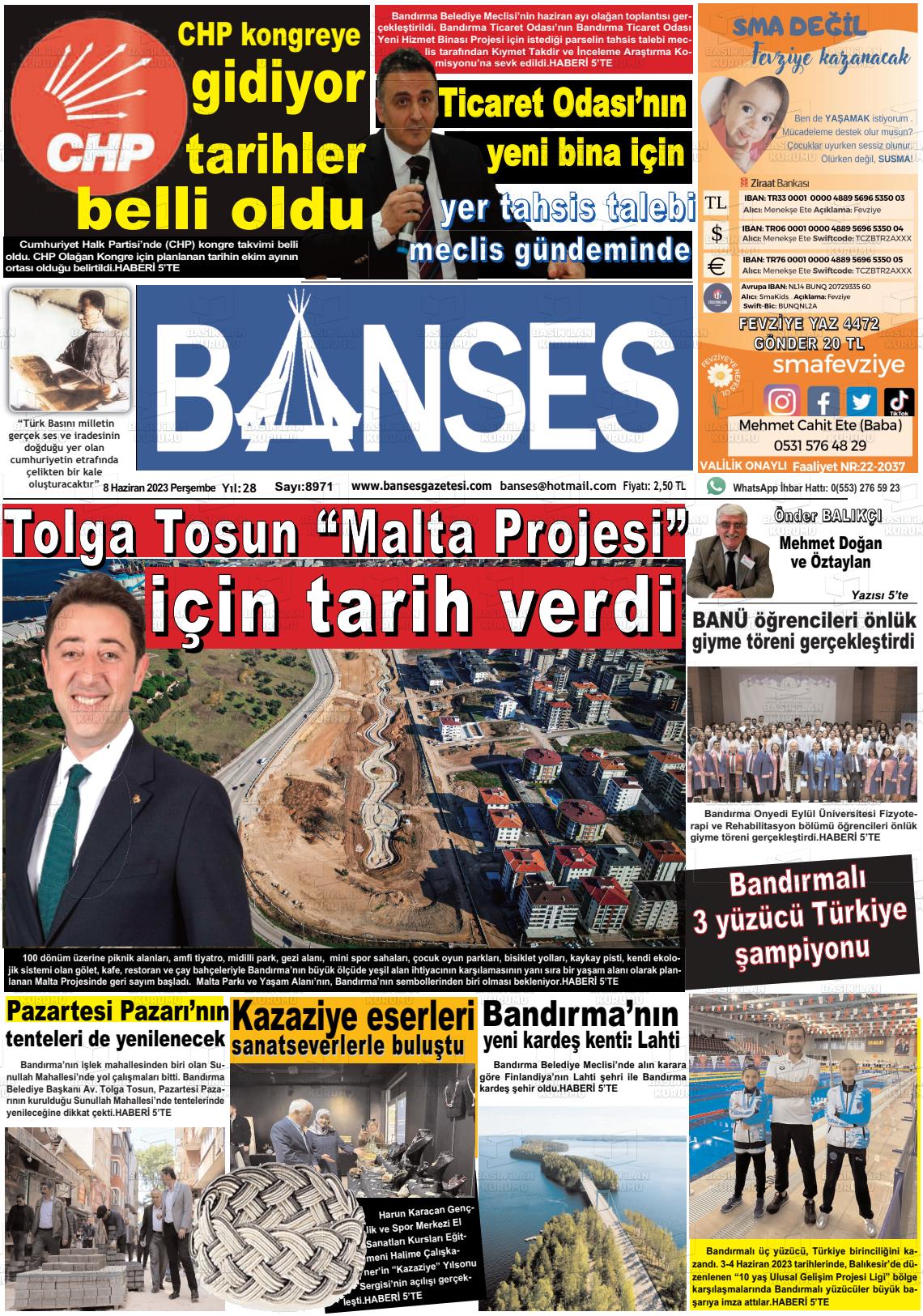 08 Haziran 2023 Banses Gazete Manşeti