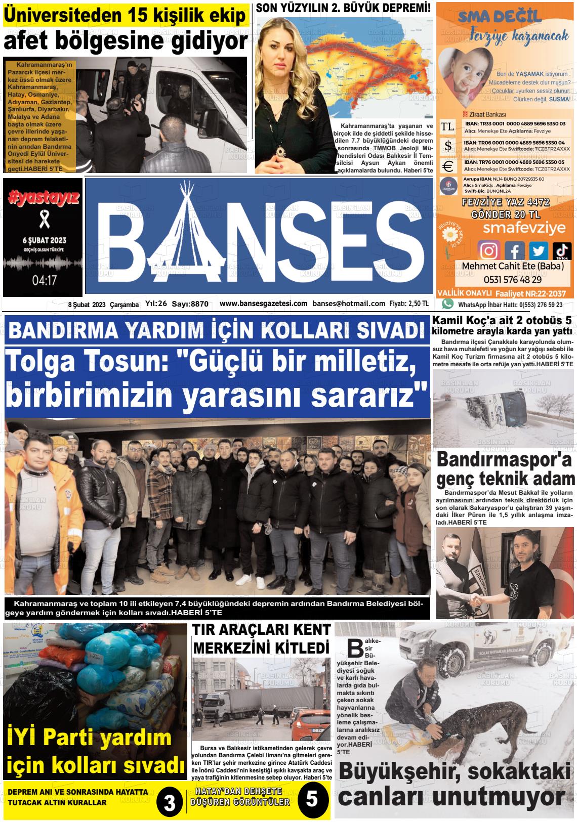 08 Şubat 2023 Banses Gazete Manşeti