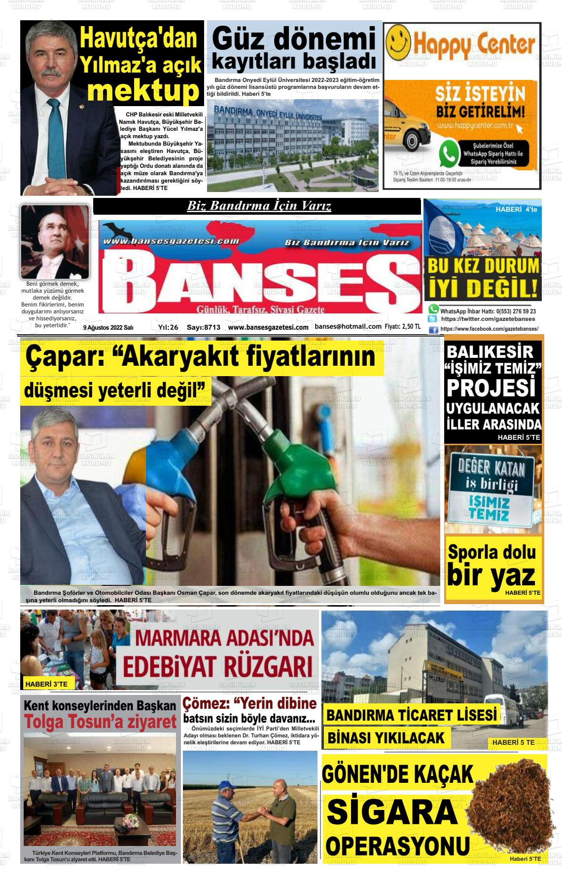 09 Ağustos 2022 Banses Gazete Manşeti
