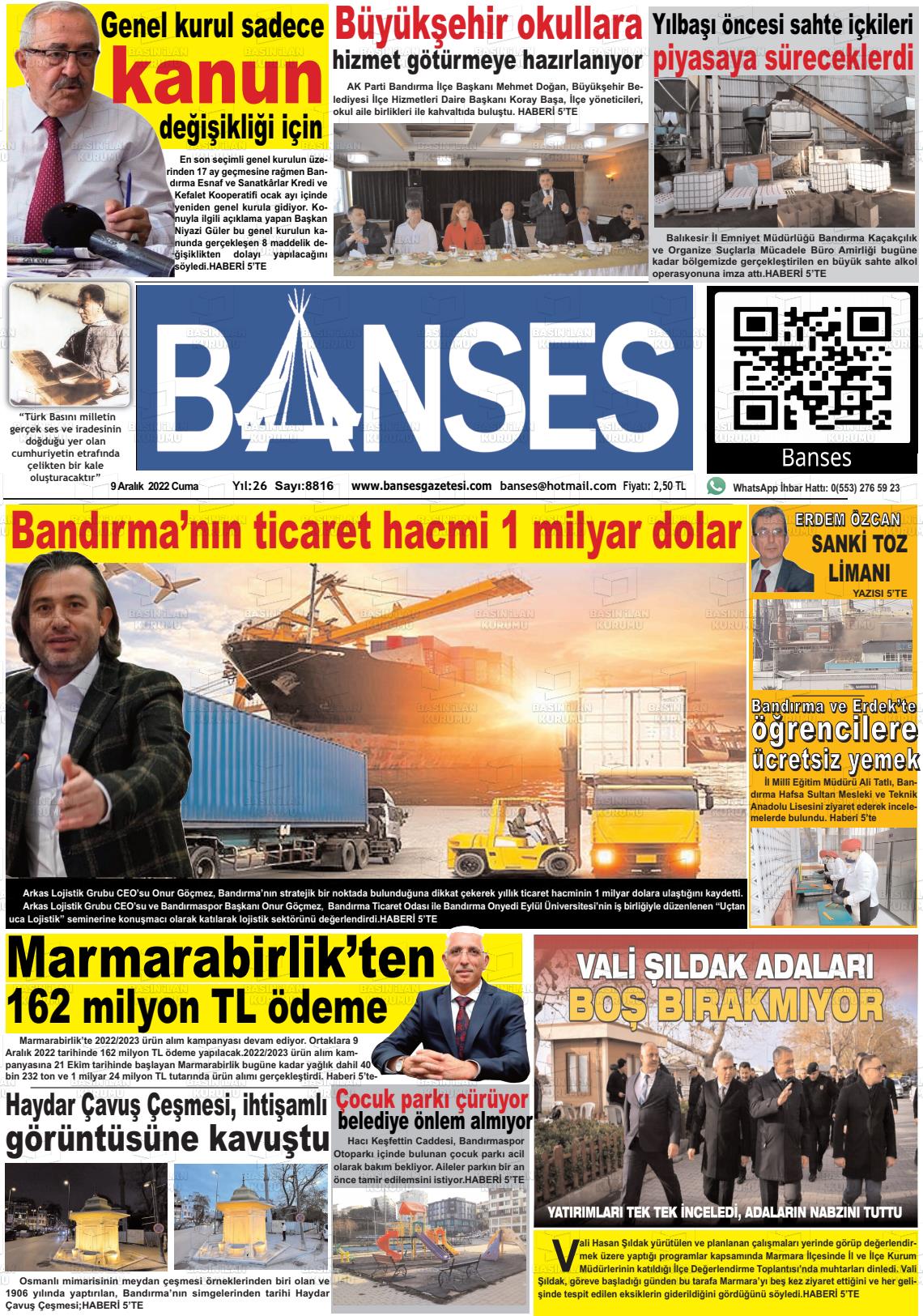 09 Aralık 2022 Banses Gazete Manşeti