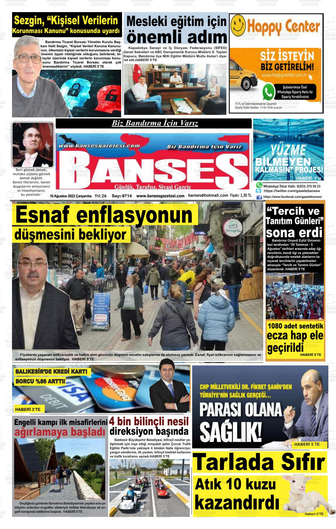10 Ağustos 2022 Banses Gazete Manşeti