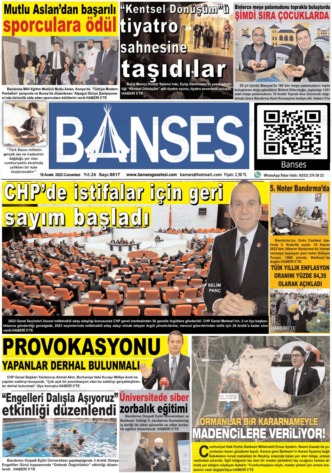 10 Aralık 2022 Banses Gazete Manşeti