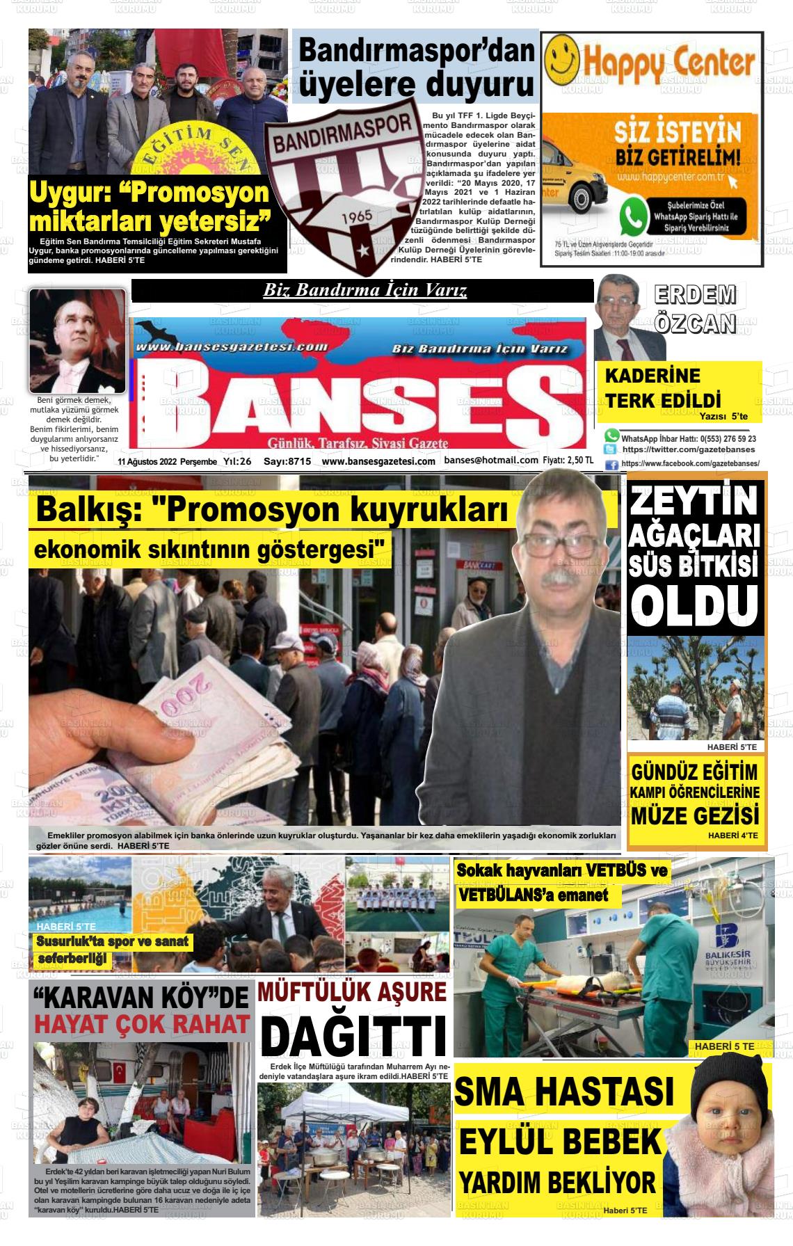 11 Ağustos 2022 Banses Gazete Manşeti