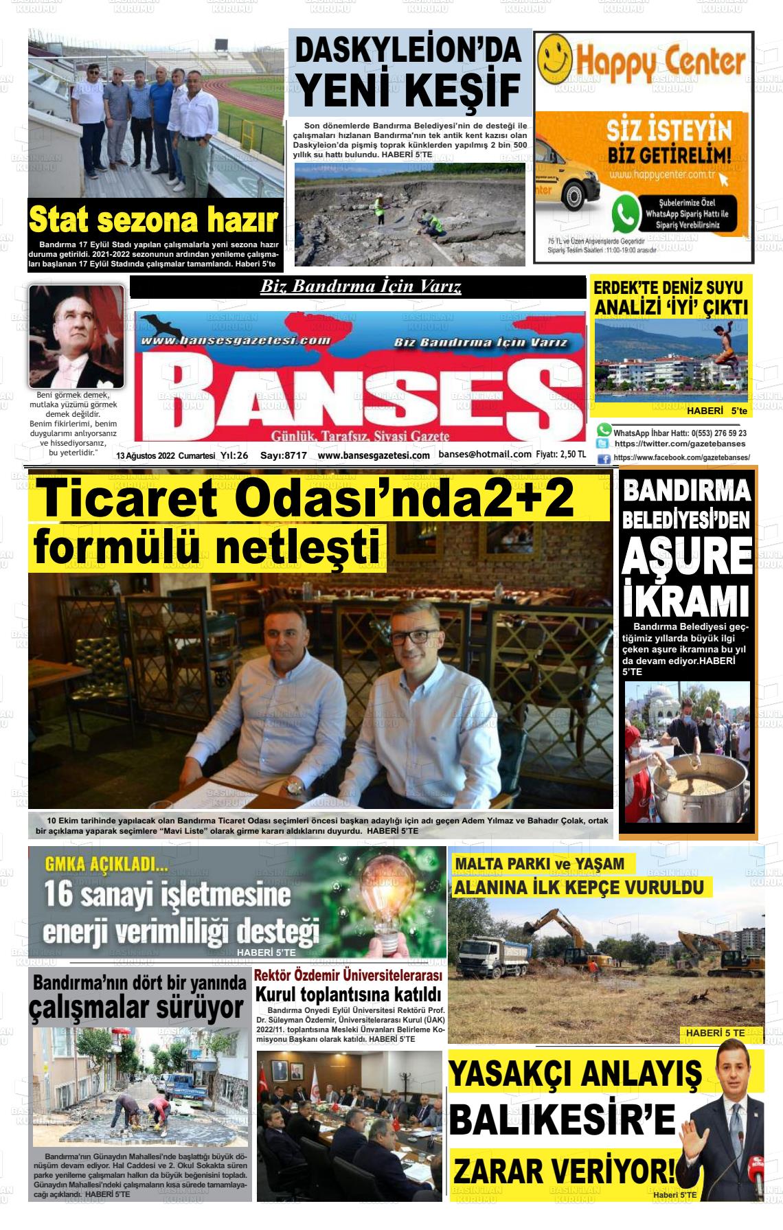 13 Ağustos 2022 Banses Gazete Manşeti