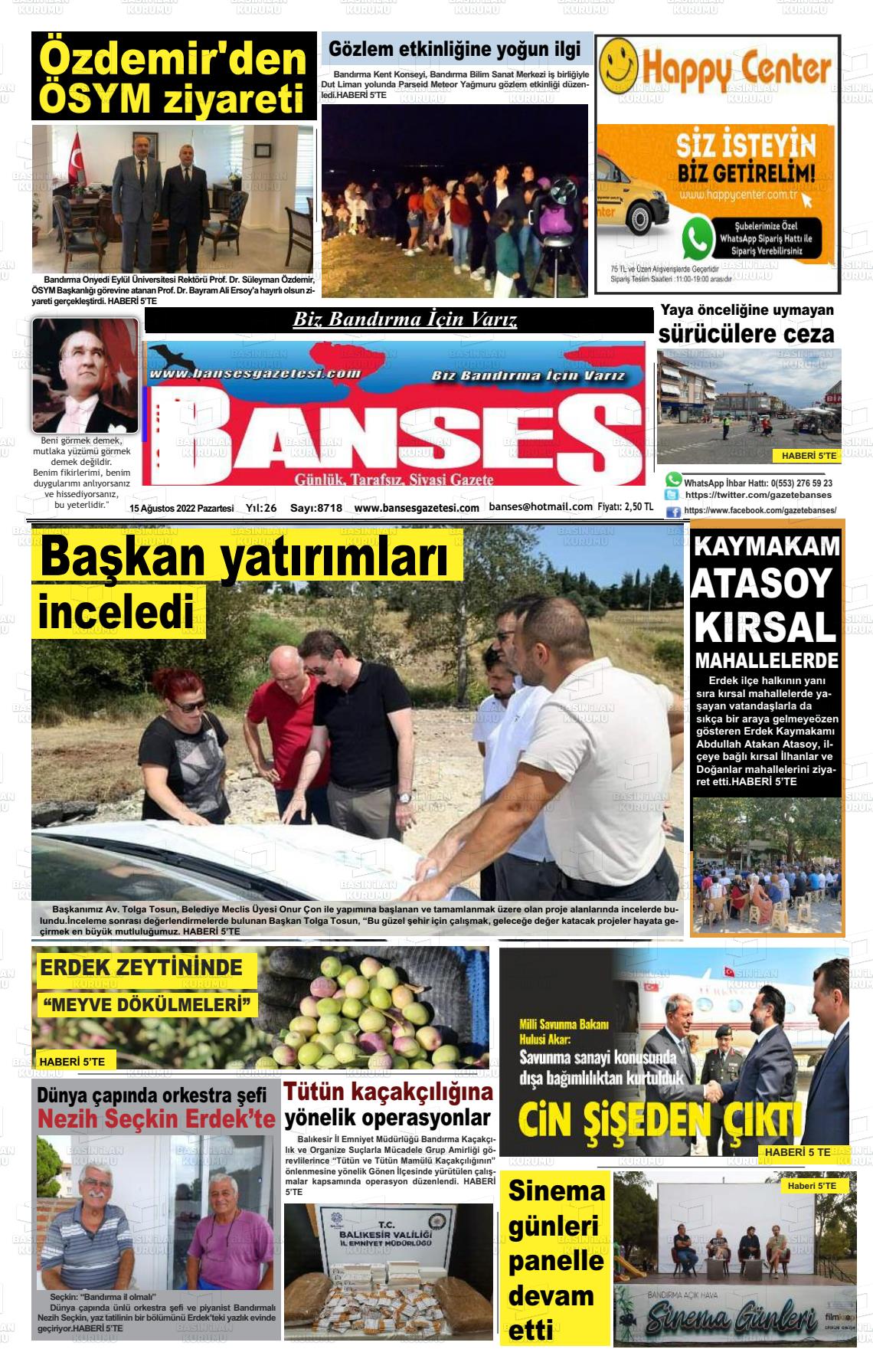 15 Ağustos 2022 Banses Gazete Manşeti