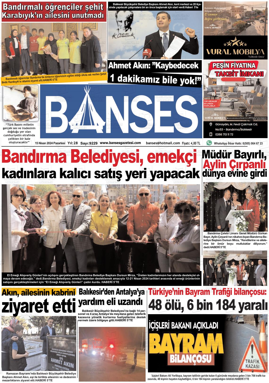 15 Nisan 2024 Banses Gazete Manşeti