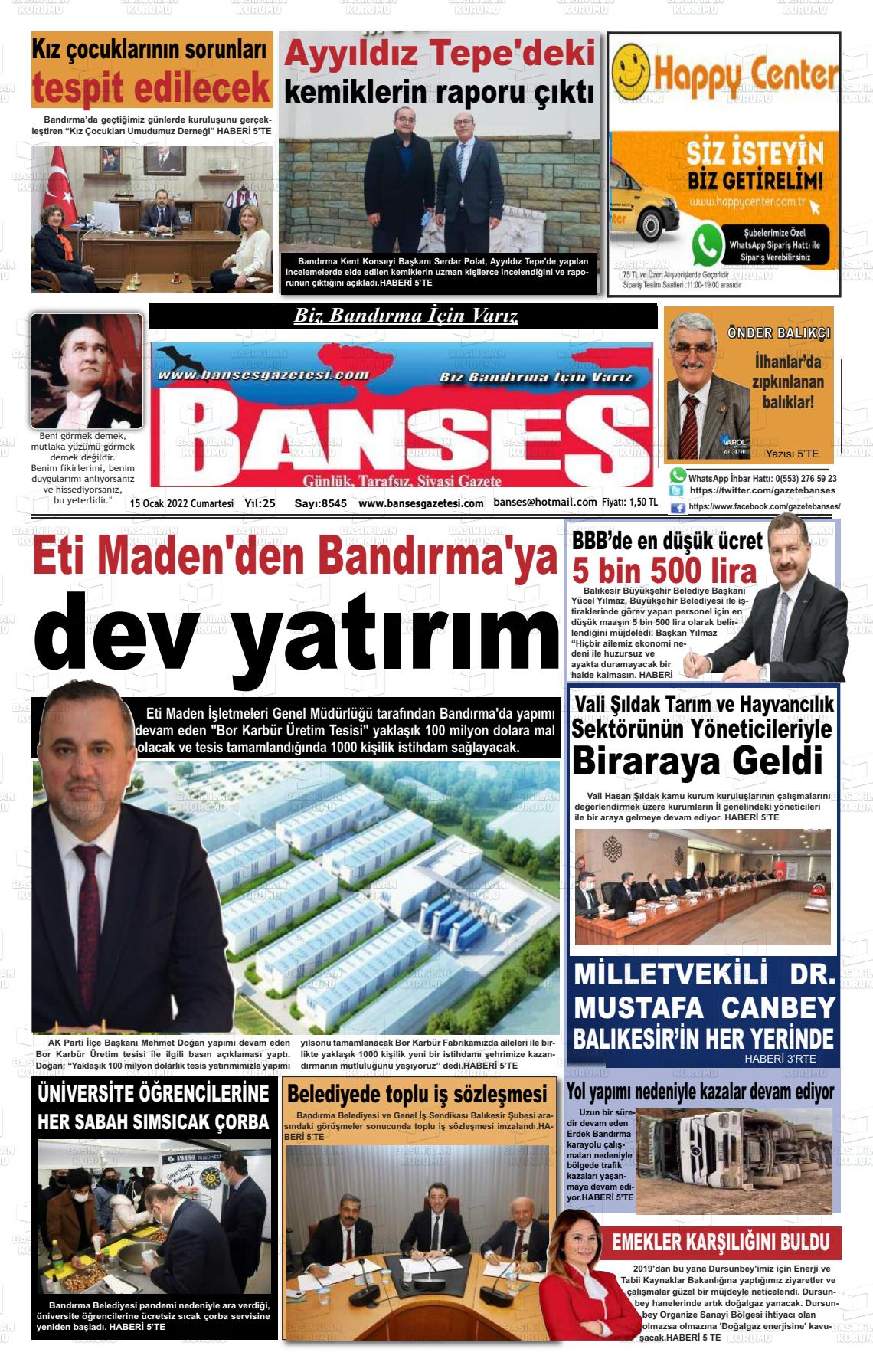 15 Ocak 2022 Banses Gazete Manşeti