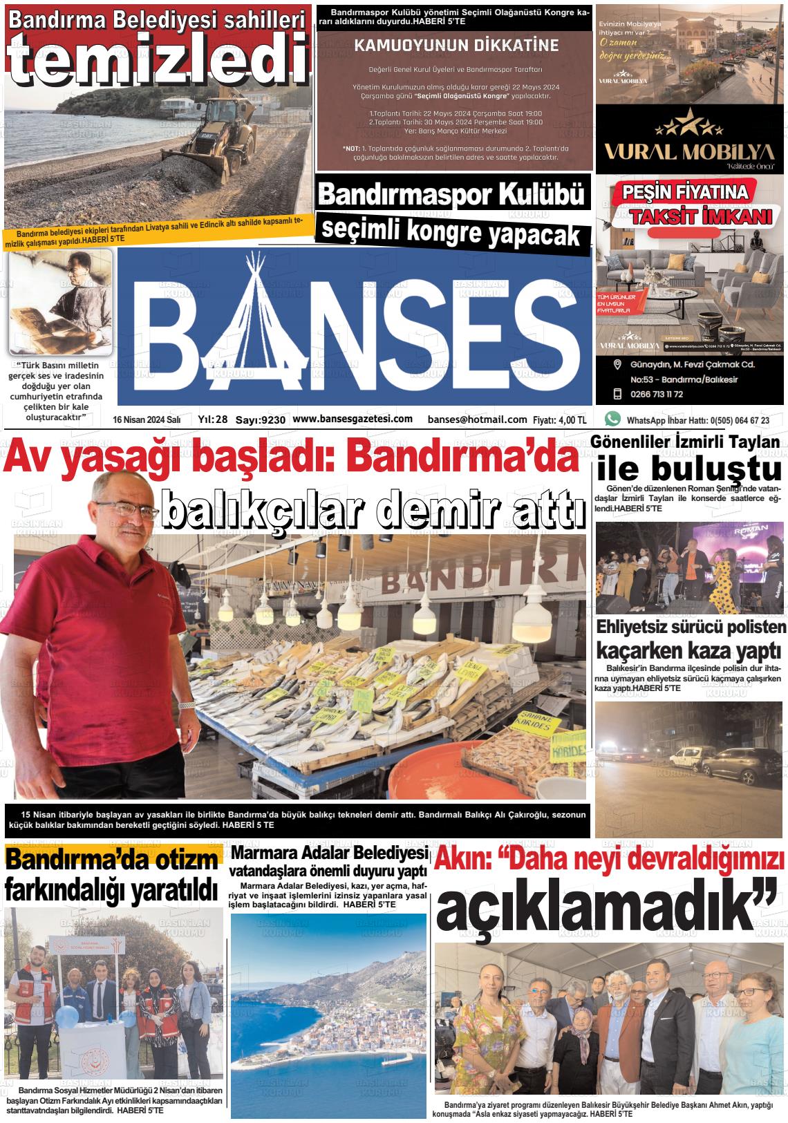16 Nisan 2024 Banses Gazete Manşeti