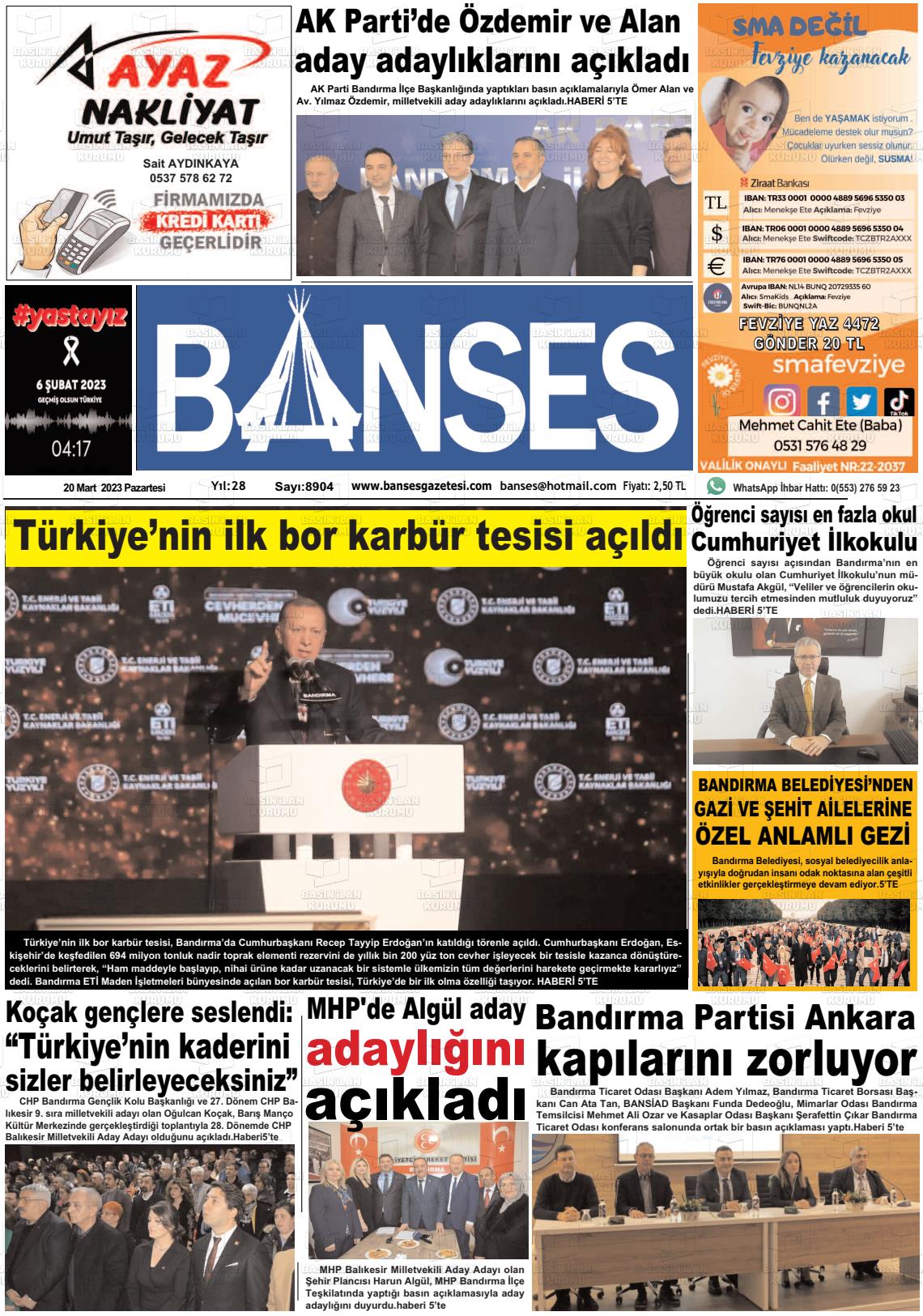20 Mart 2023 Banses Gazete Manşeti
